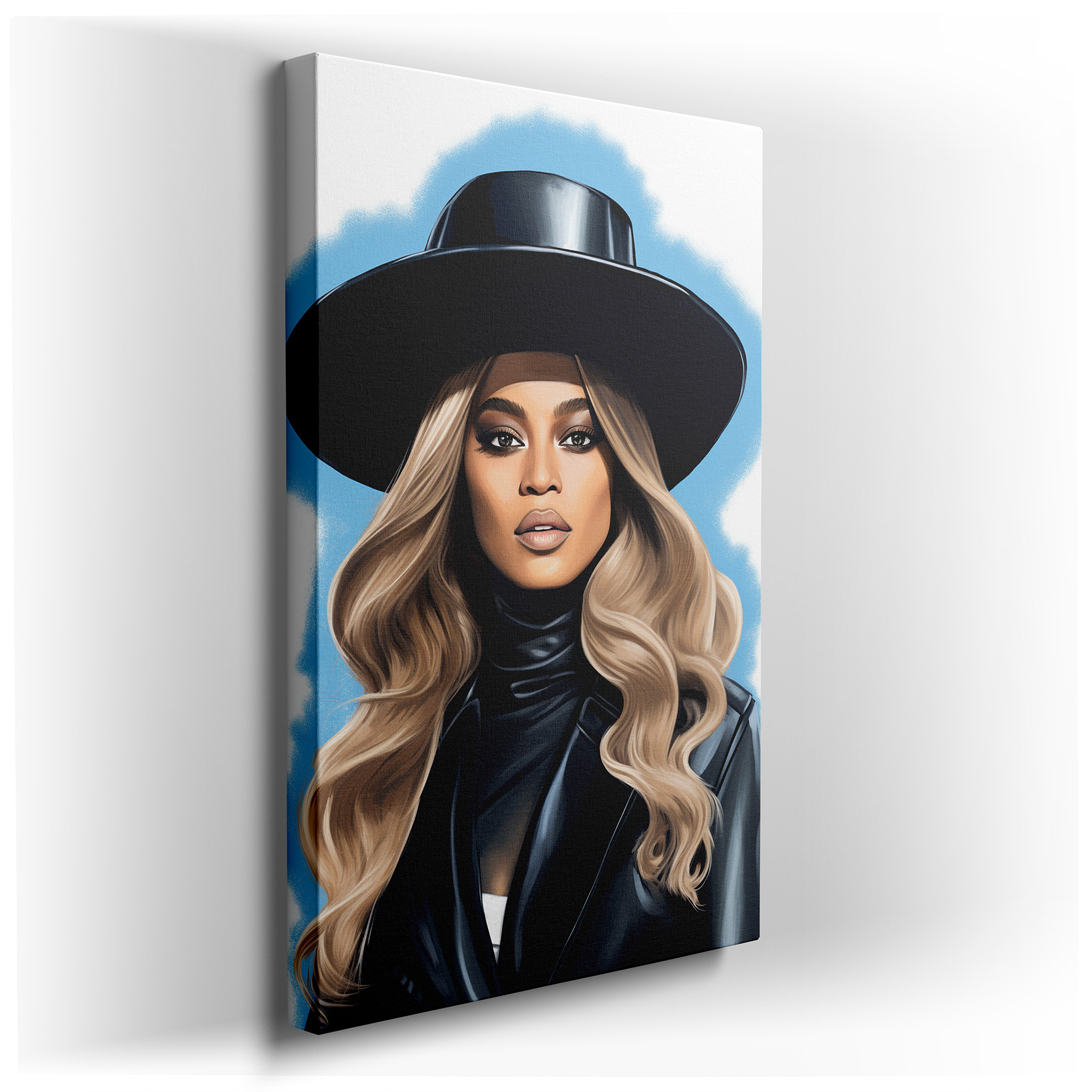 Elegant and Confident Modern Woman with a Striking Black Hat - Large Canvas Wall Art for Stylish Office Decor wrapped