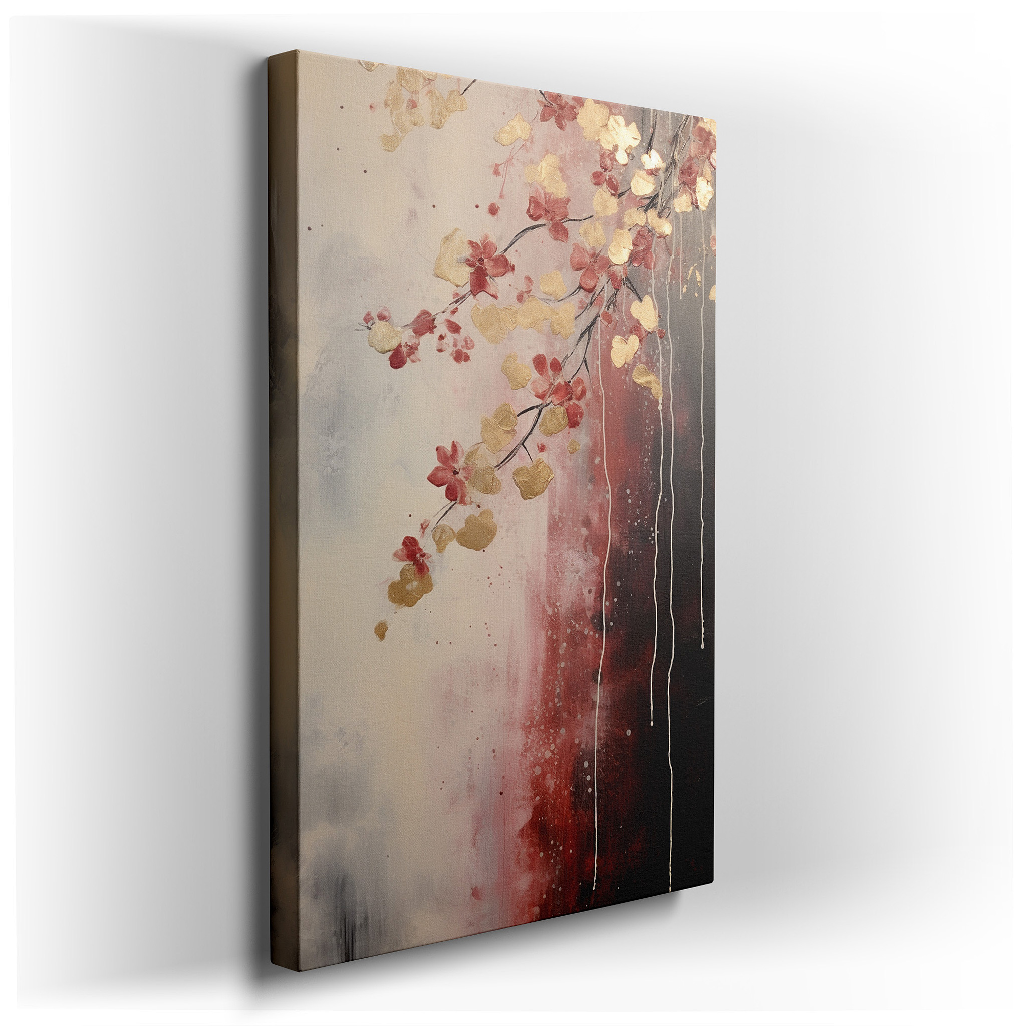 Elegant and Modern Large Wall Art Featuring Vibrant Red Flowers and Gold Highlights on a Dual - Toned Canvas, Perfect