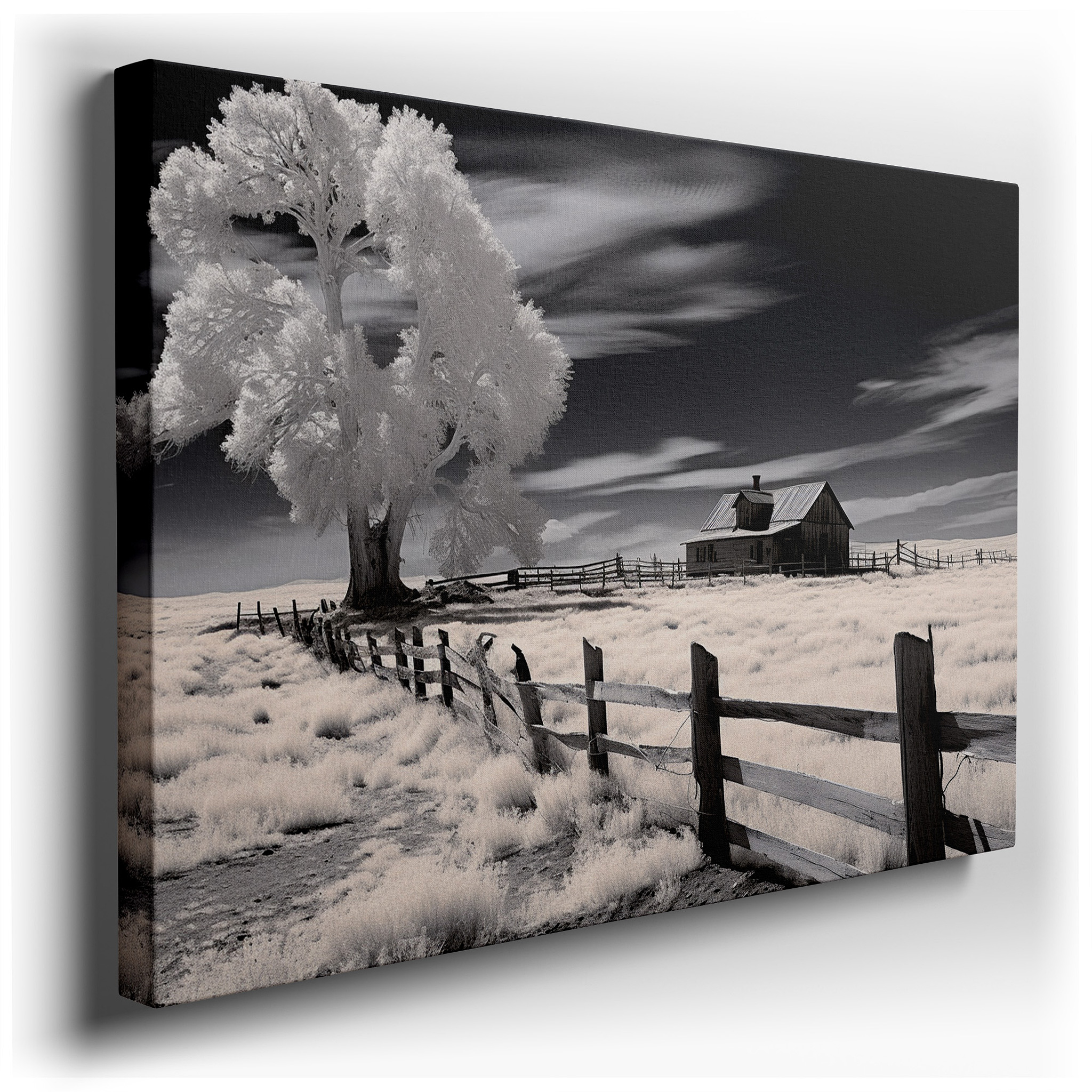 Elegant and Mysterious Black and White Scene - Abandoned House with Ghostly Tree in Stark Landscape, Large Wall Art,