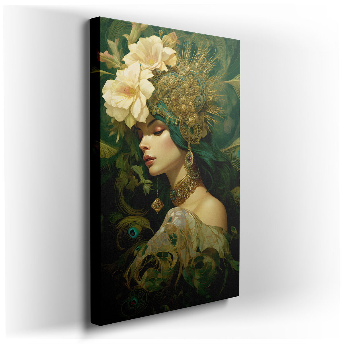 Feminine Grace - Elegant Green and Gold Canvas Wall Art