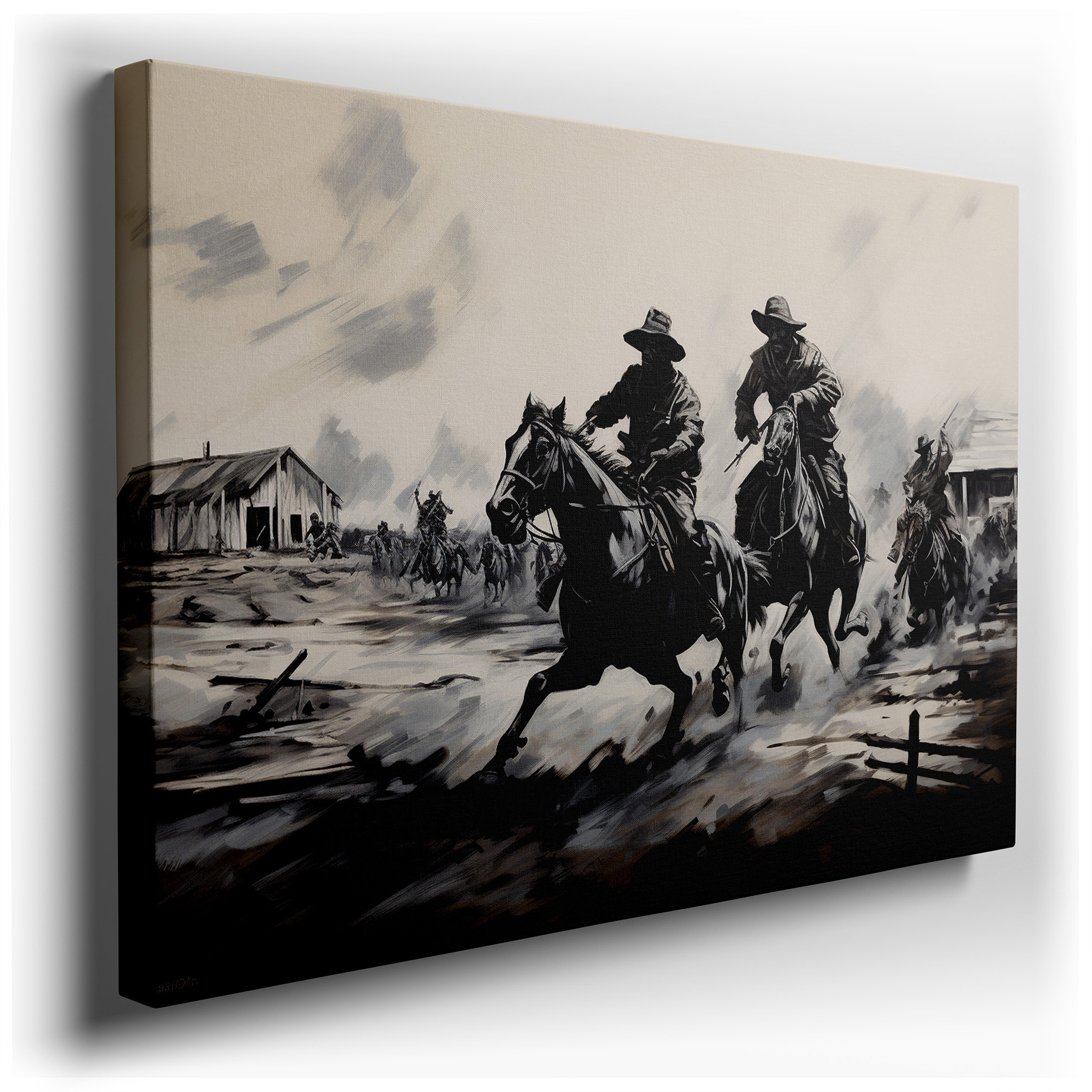 Elegant Black and White Horsemen Charging Across Wild Terrain - Large Canvas Wall Art for Office and Bedroom Decor