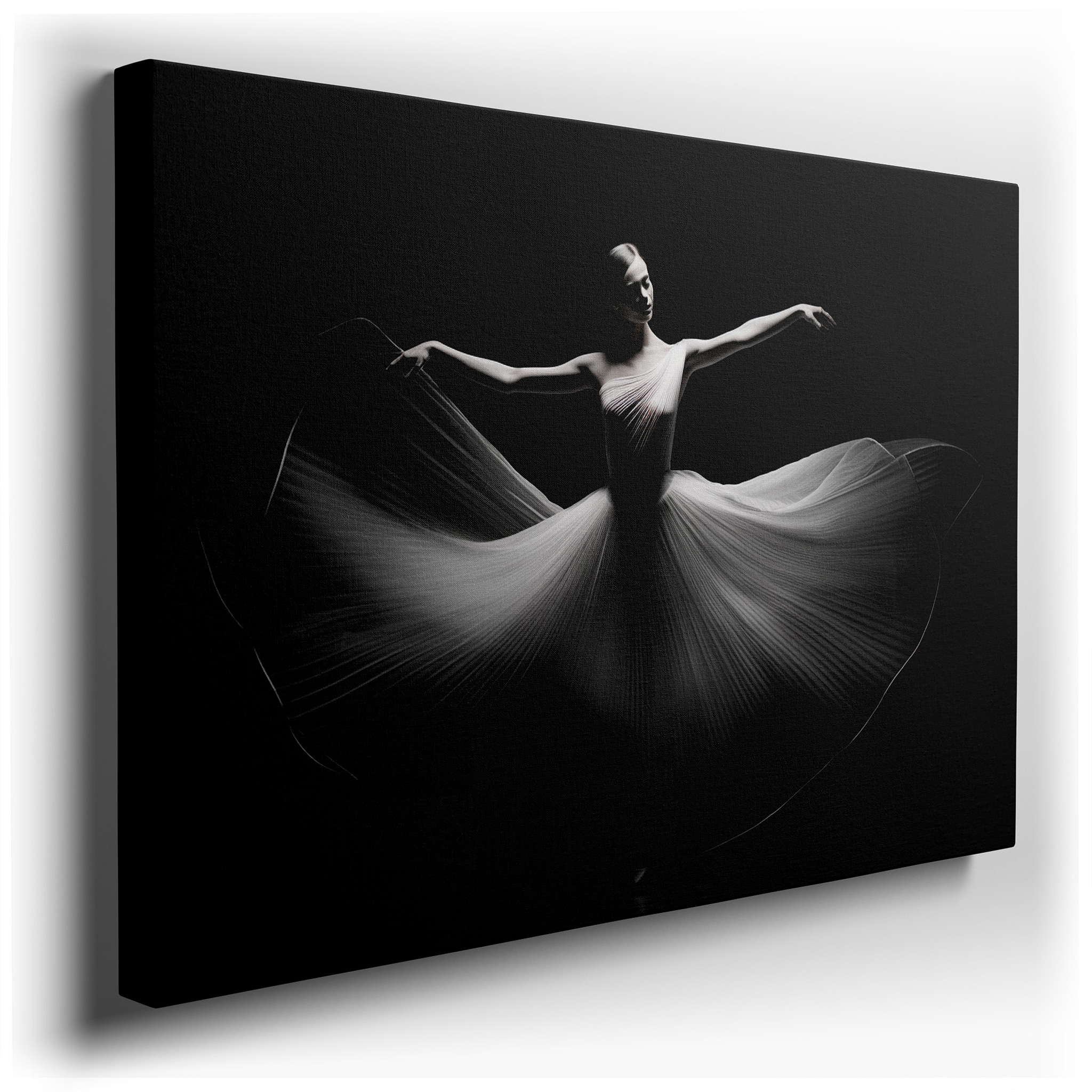 Elegant Dancer in Motion: A Symphony of Fabric and Light on a Stark Black Background - Large Wall Art, Canvas Wall Art,