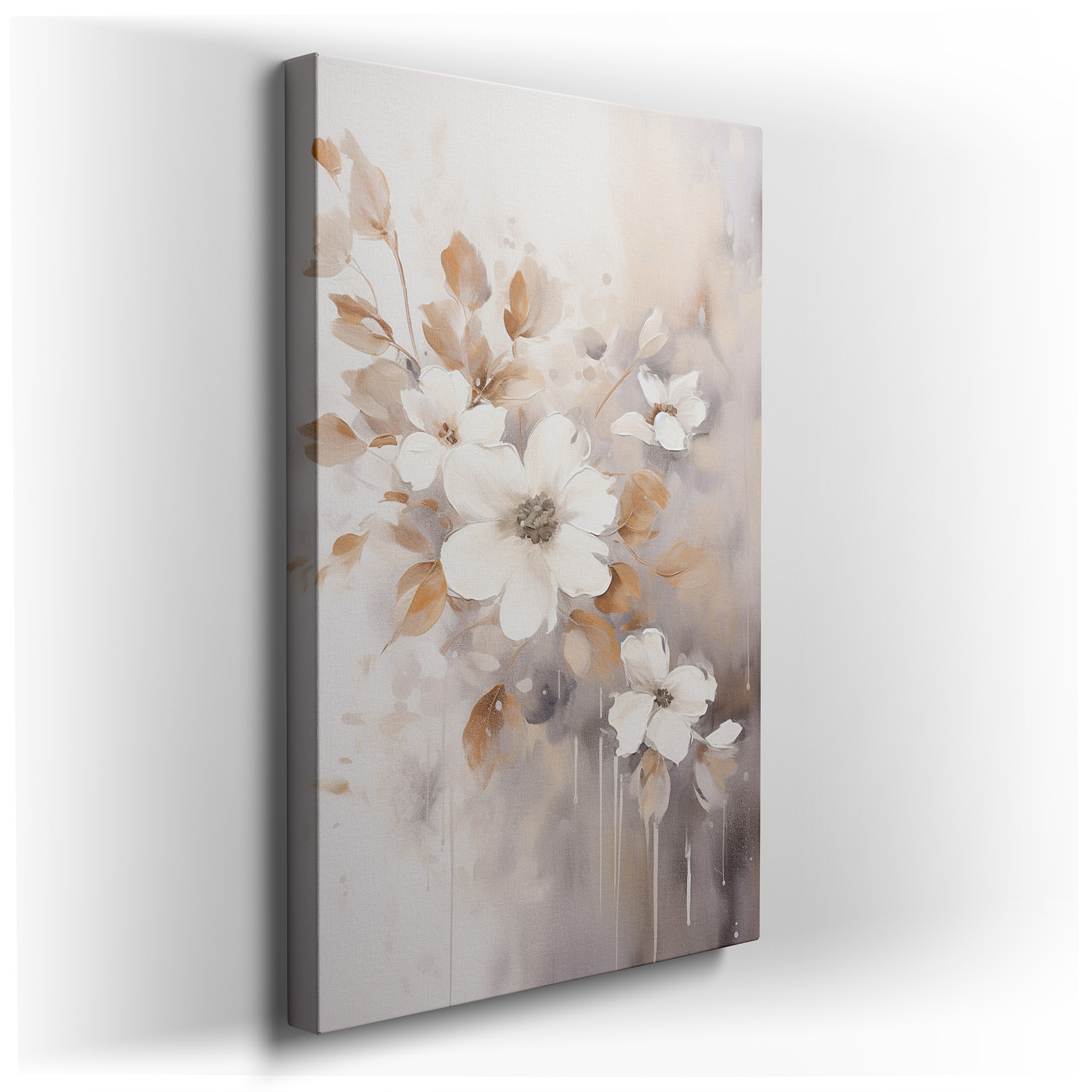 Elegant Floral Tranquility Wall Art with White, Beige, and Gold Accents for Office, Bedroom, and Living Room Decor