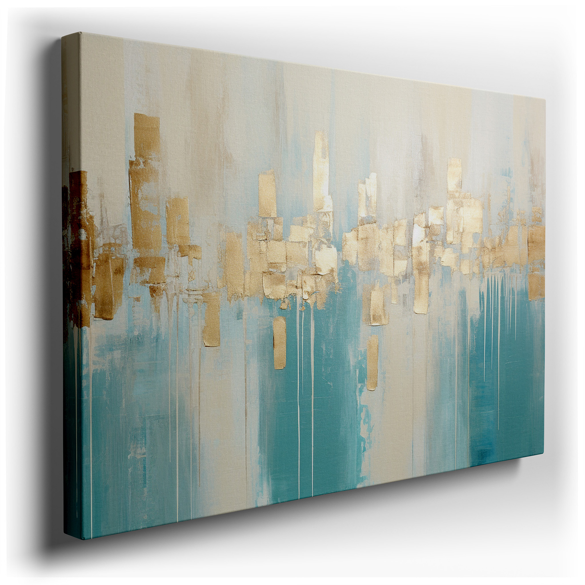 Elegant Gold and Aqua Abstract Artwork for Contemporary Decor, Large Canvas Wall Art for Living Spaces, Office, and