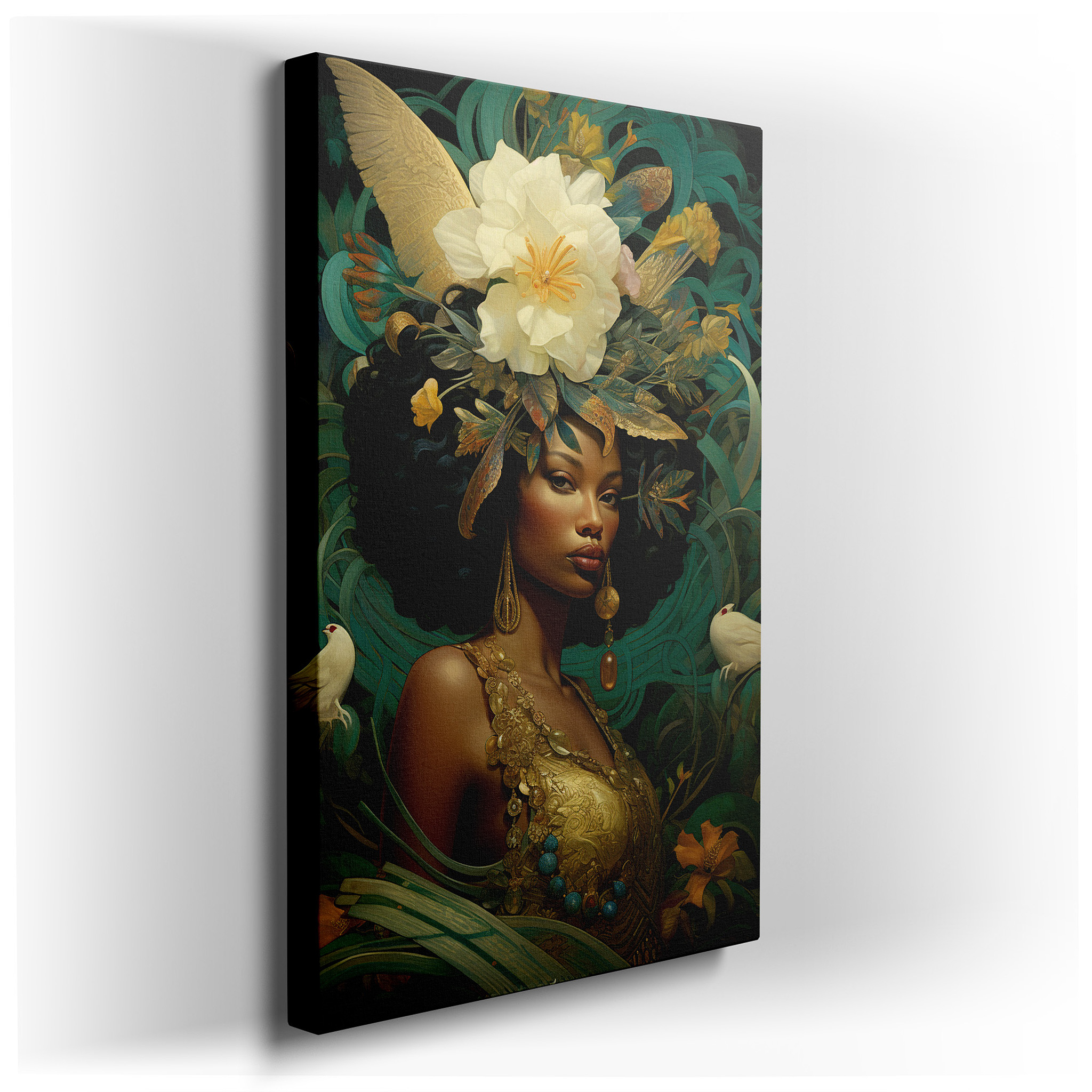 Elegant Lady Adorned with Flower Crown Representing Nature's Grandeur and Women's Power, Oversized Wall Art, Canvas