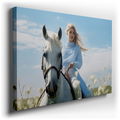 Elegant Lady with White Horse in Wildflower Meadow - Blue Canvas Wall Art