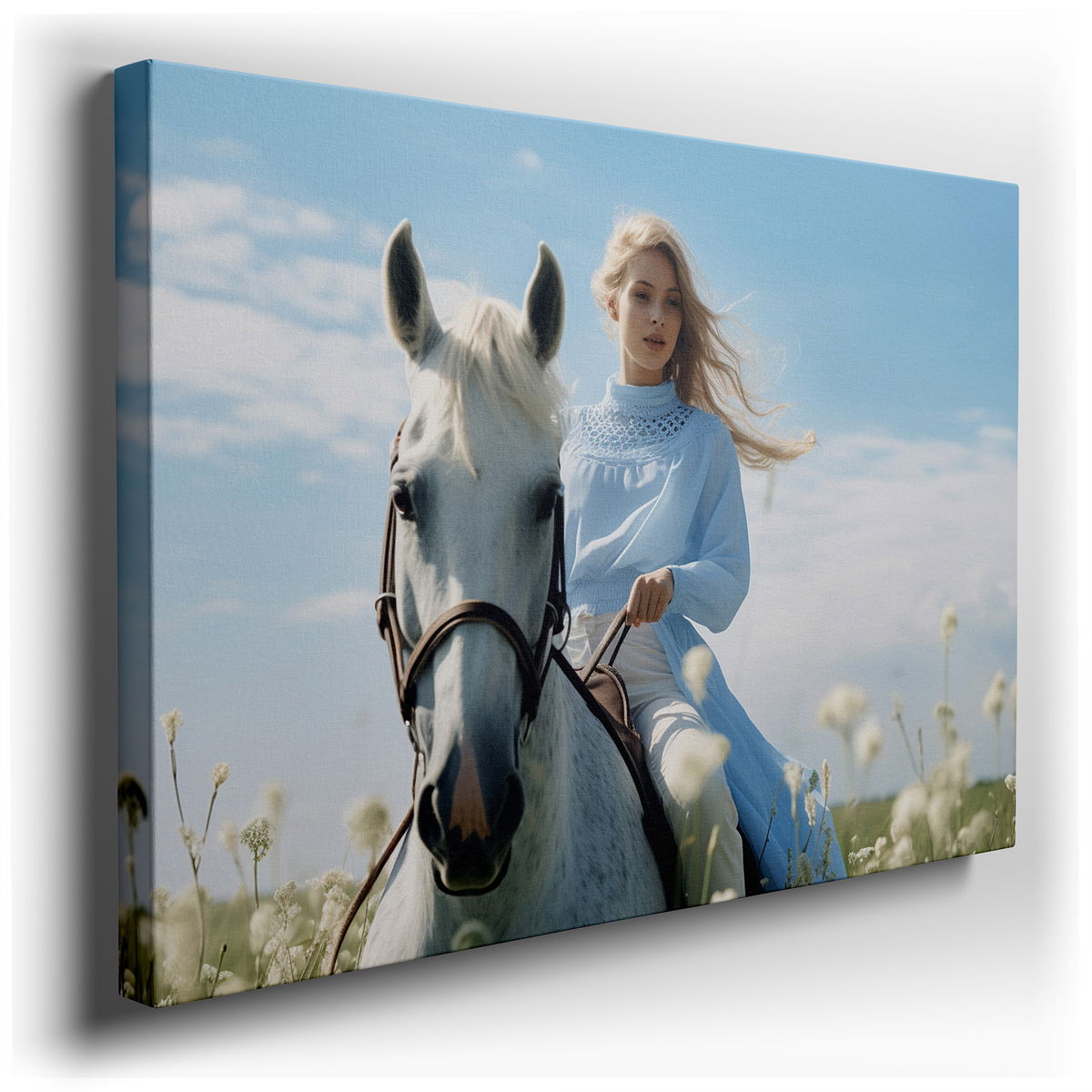 Elegant Lady with White Horse in Wildflower Meadow - Blue Canvas Wall Art