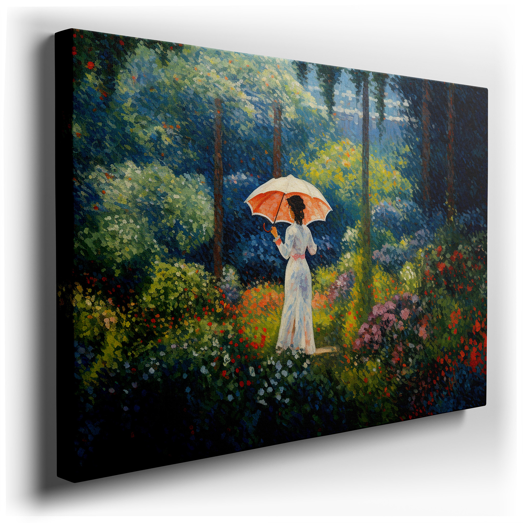 Elegant Lady in Verdant Garden with Sunlit Umbrella, Oversized Wall Art, Canvas Decor for Office, Bedroom, and Living