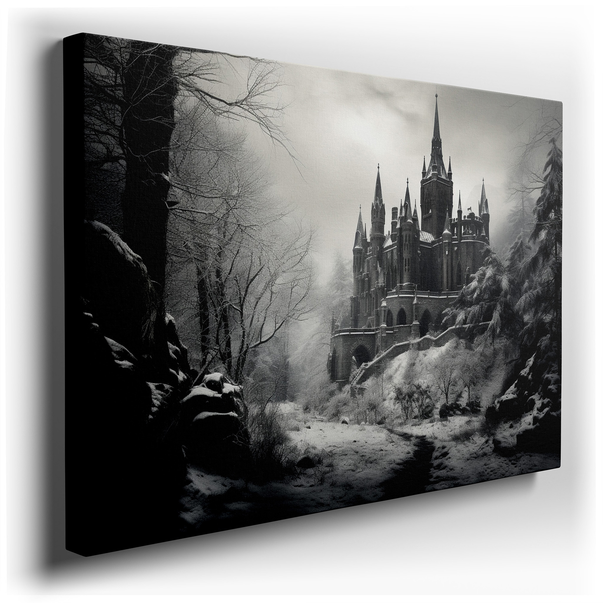 Elegant Majestic Castle in a Snowy Wonderland: Old - World Charm Large Wall Art, Canvas Wall Art, Wall Decor for Office