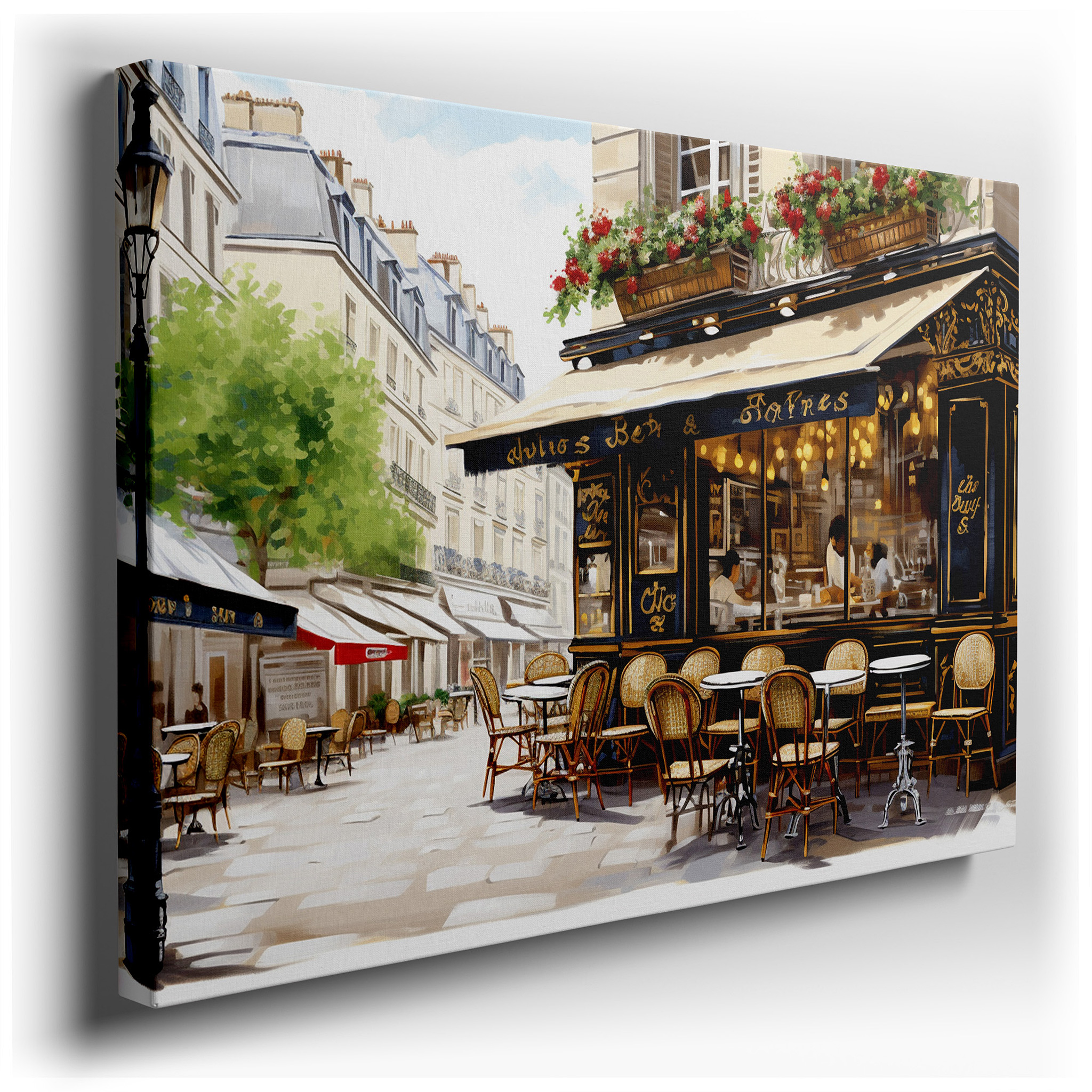 Elegant Parisian Café Wall Art Featuring Lush Florals and Classic Architecture, Perfect for Office or Bedroom Decor