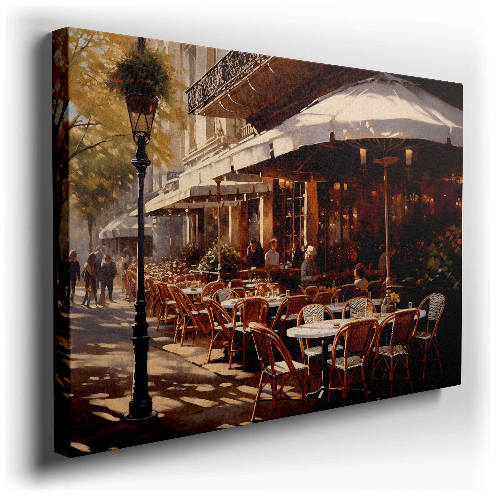 Elegant Parisian Café Wall Art - Tranquil Urban Oasis with Lush Greenery for Office, Bedroom, and Home Decor wrapped