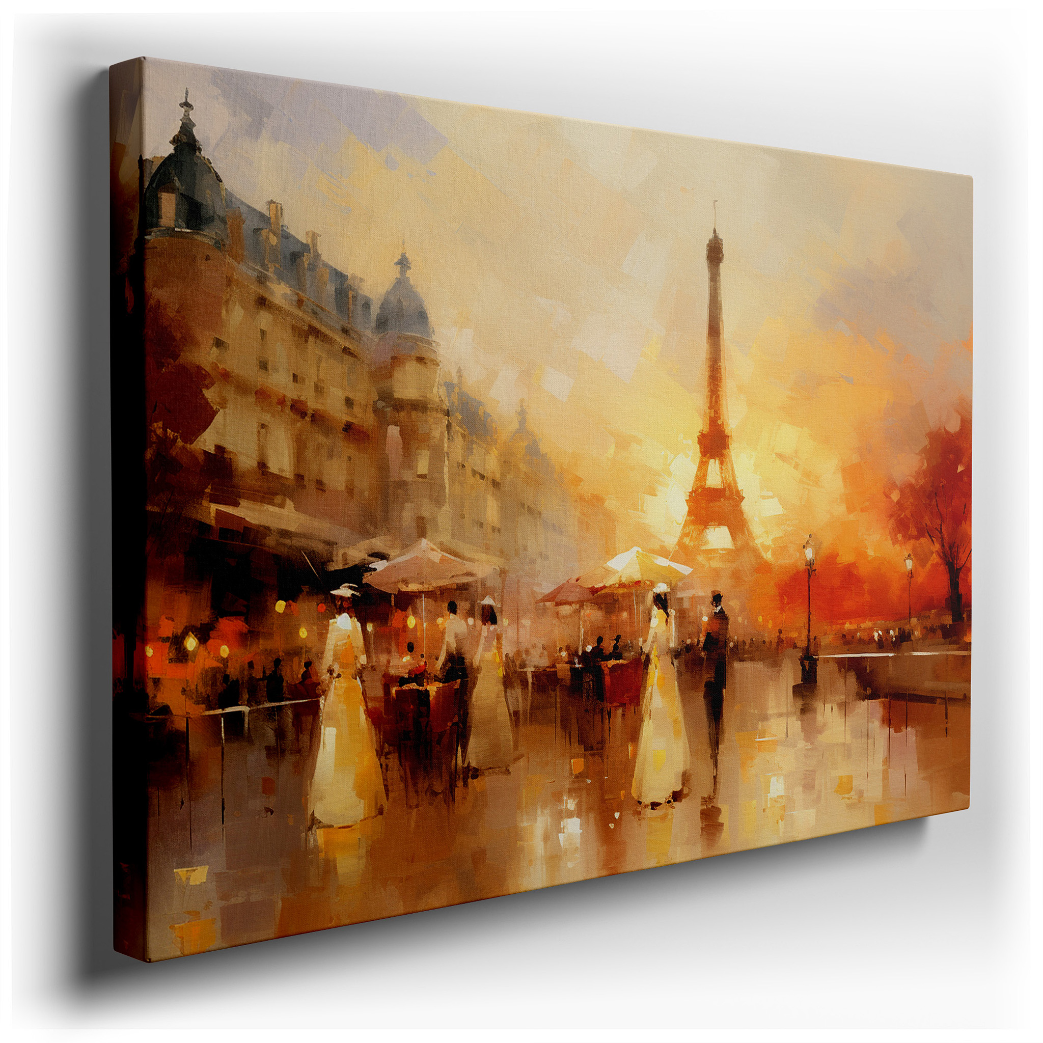 Elegant Parisian Sunset with Eiffel Tower and Lively Café Scene - Large Canvas Wall Art for Office and Bedroom Decor