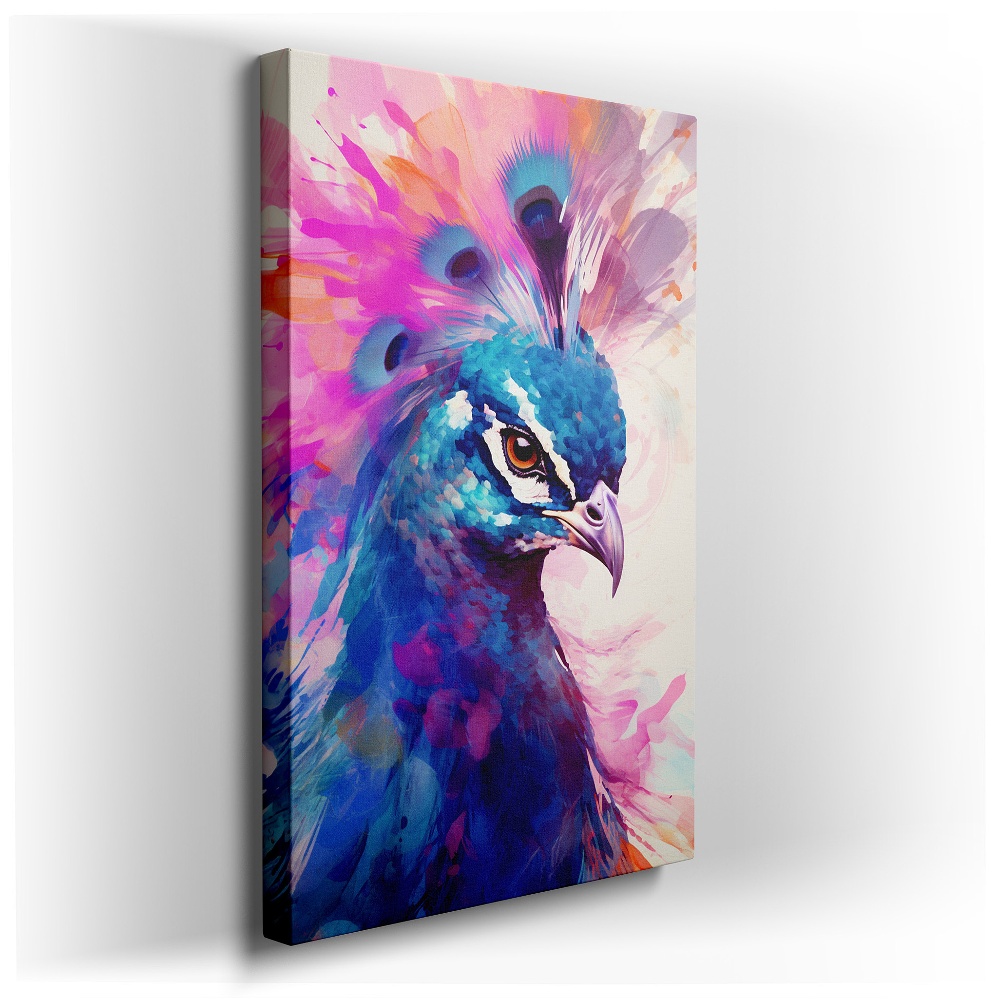 Elegant Peacock Display Showcases Beauty and Luxury with Bright Colors and Graceful Splashes, Large Canvas Wall Art