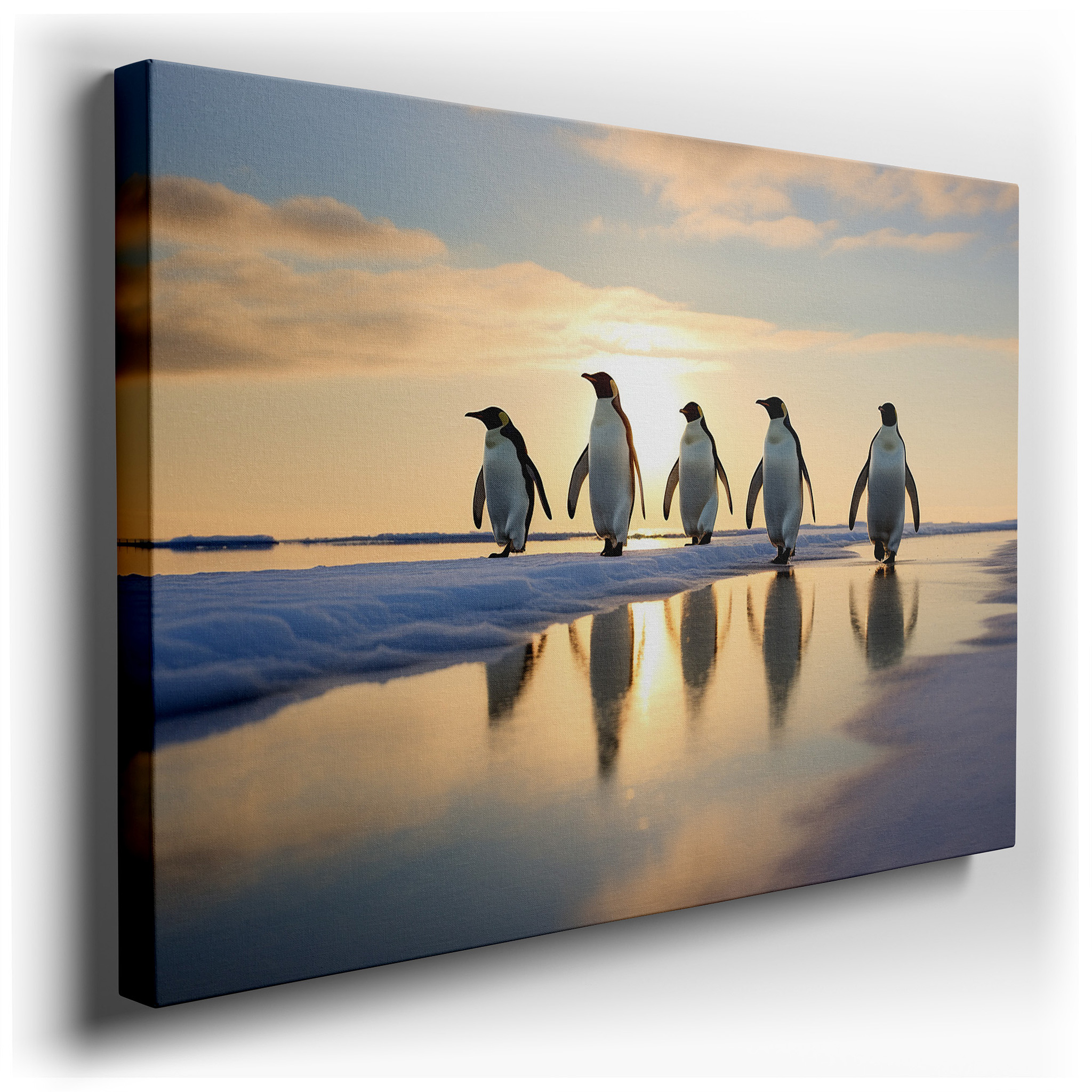 Elegant Penguins at Sunset by a Shimmering Icy Shoreline - Large Canvas Wall Art for Office, Bedroom, and Living Room