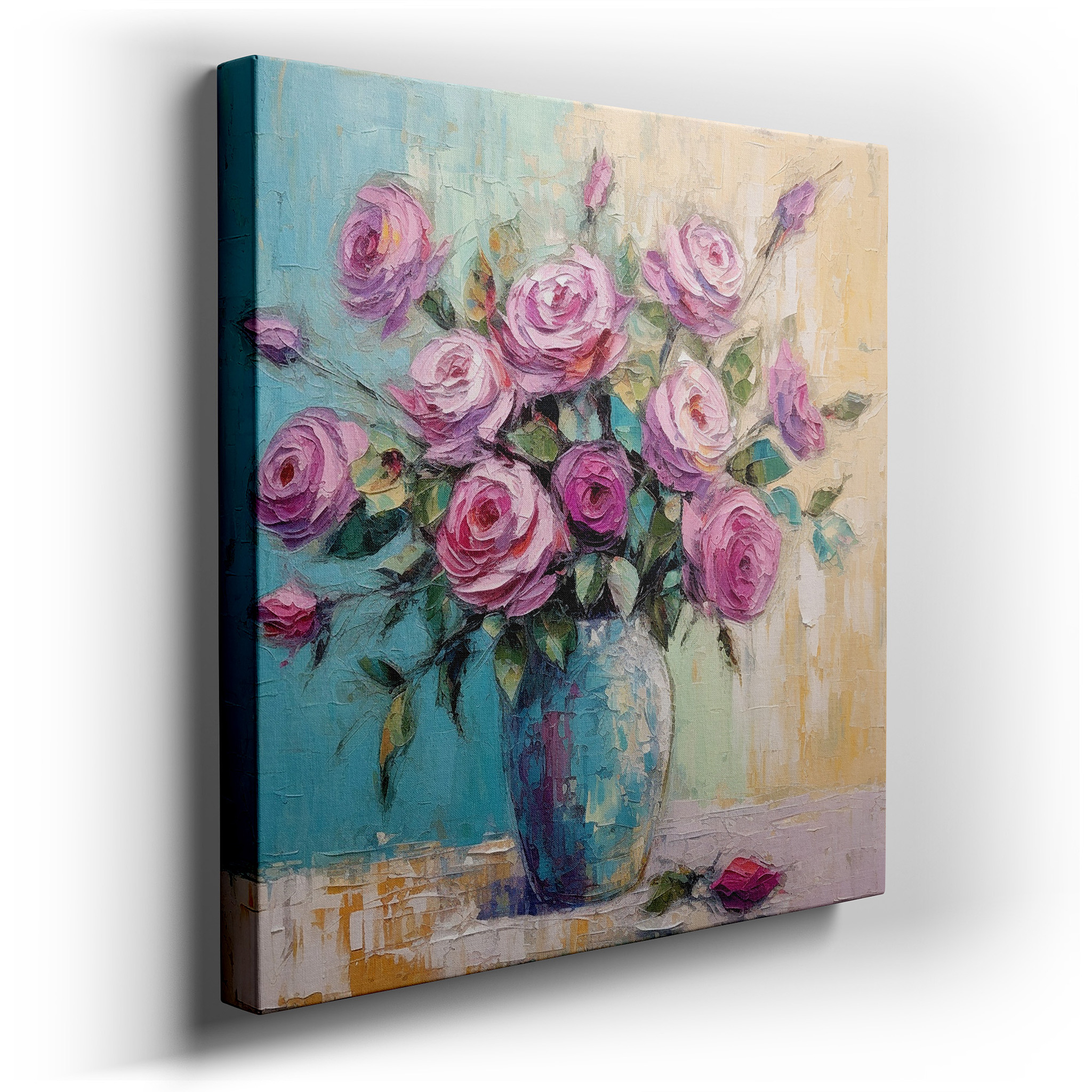 Elegant Pink Roses in a Crafted Vase with Dreamlike Abstract Background - Large Canvas Wall Art for Office and Bedroom