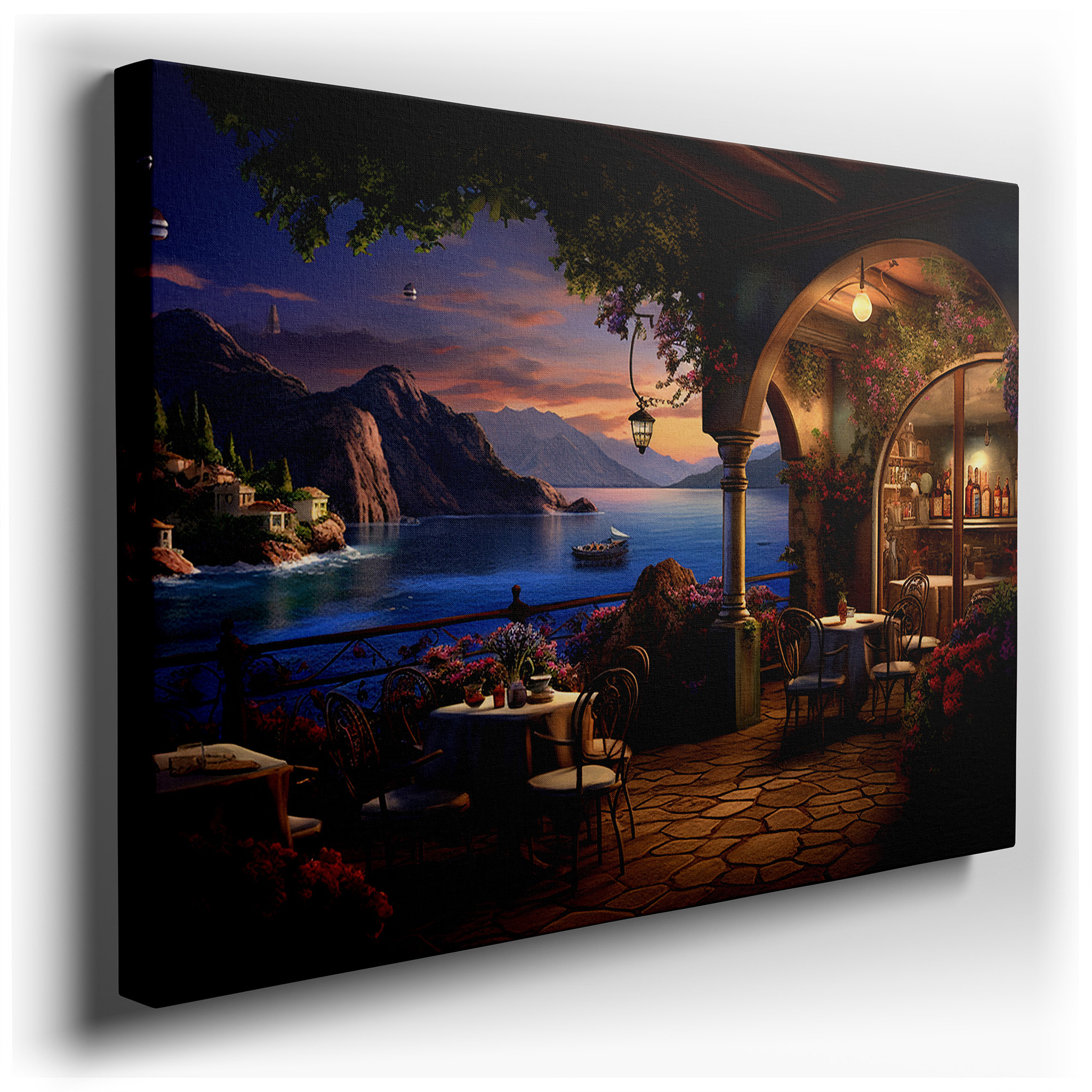 Elegant Seaside Dining at Sunset: Tranquil Coastal Canvas - Large Wall Art for Office, Bedroom, and Living Room Decor
