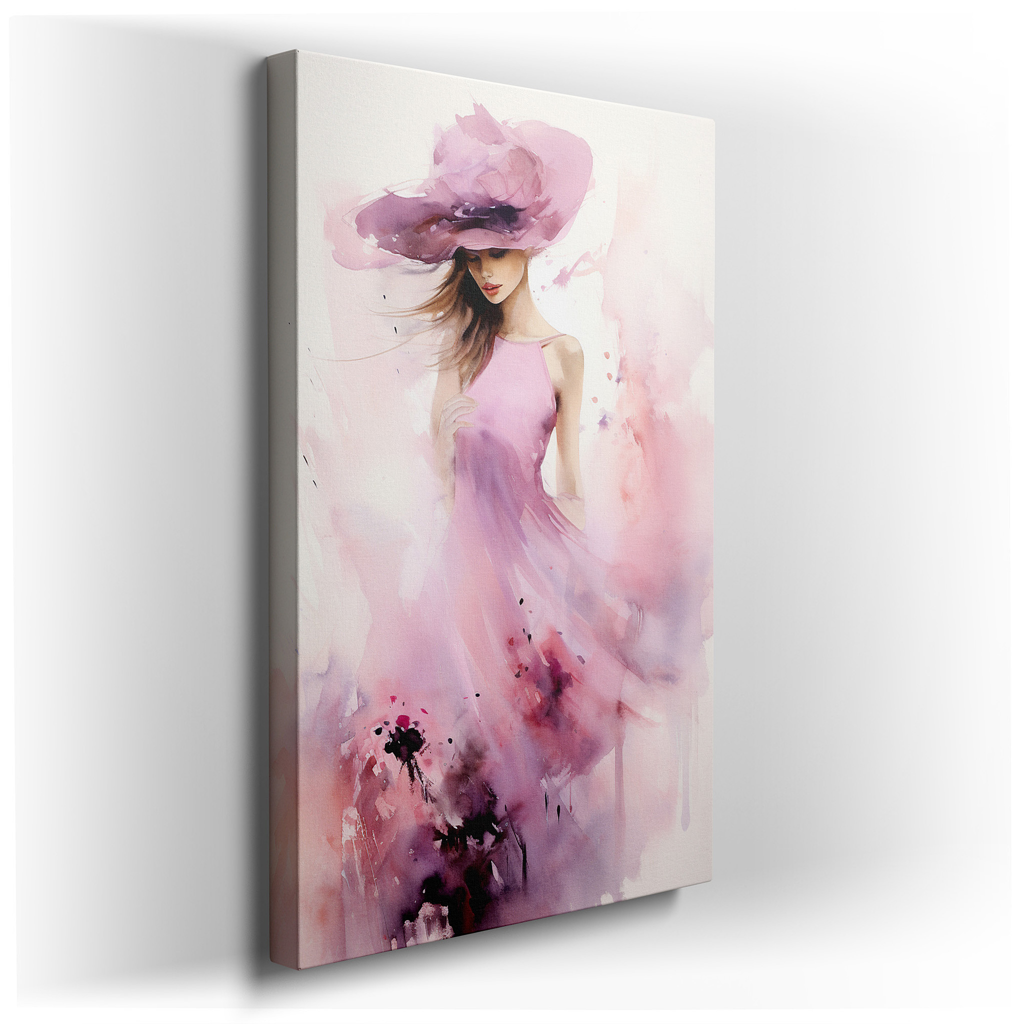 Elegant Serenity in Pink: Serene Woman with Wide - Brimmed Hat - Large Canvas Wall Art for Office and Bedroom Decor