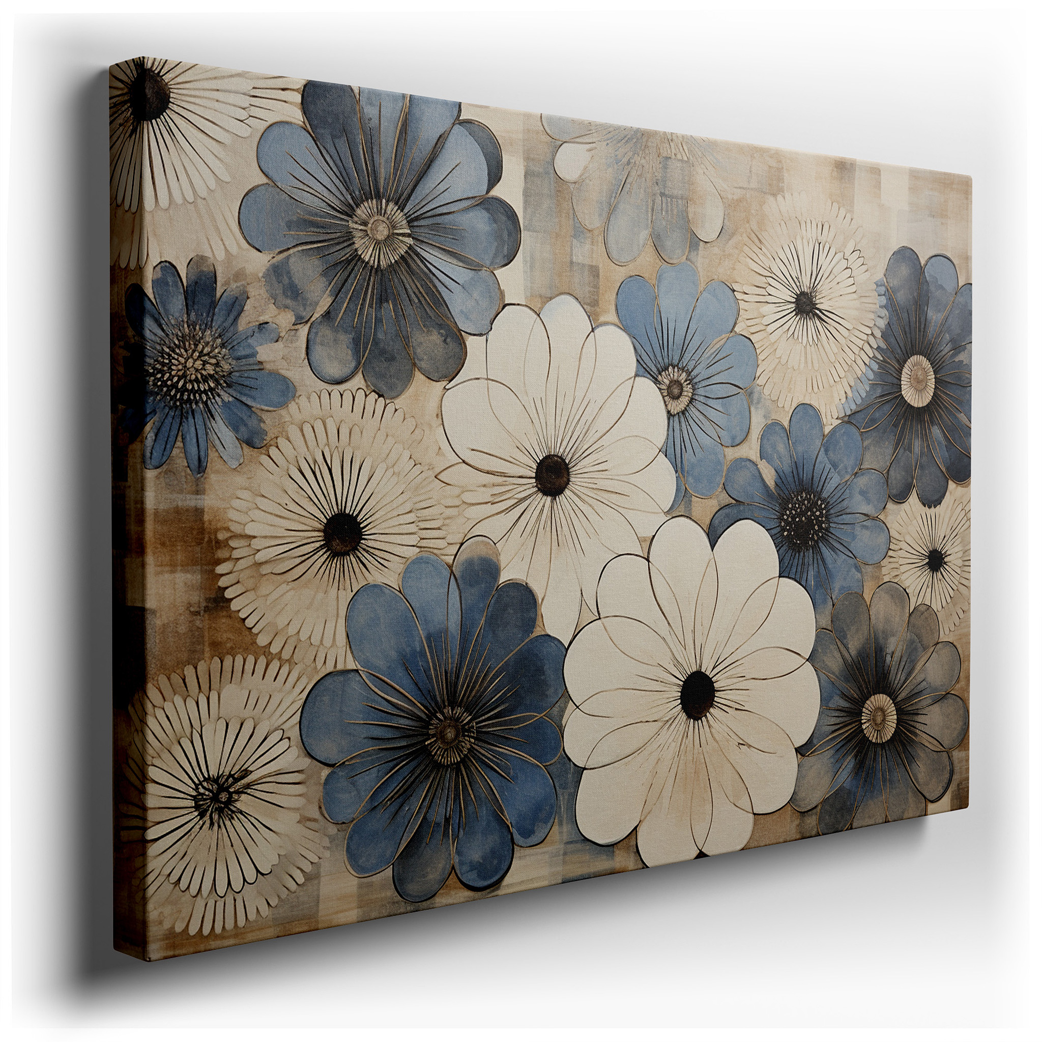 Elegant Stylized Blue and White Floral Design on a Vibrant Warm Background - Large Canvas Wall Art for Office Decor