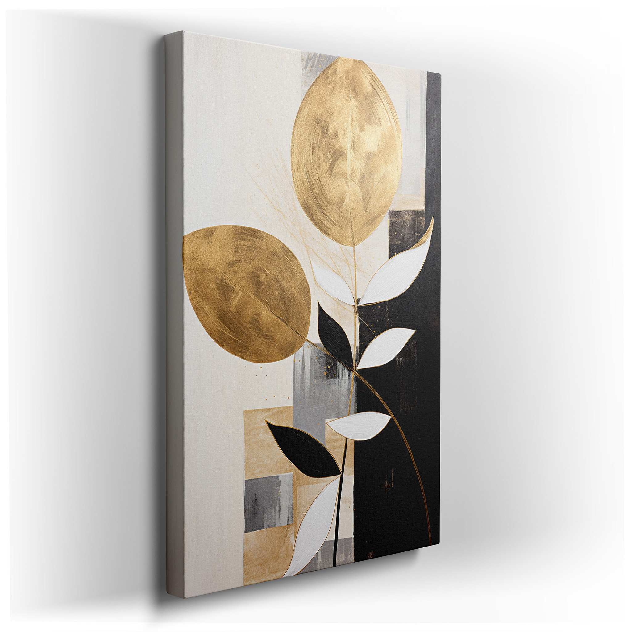 Elegant Wall Art Featuring Golden Leaves and Geometric Designs on a Black and White Background, Large Canvas Wall Art