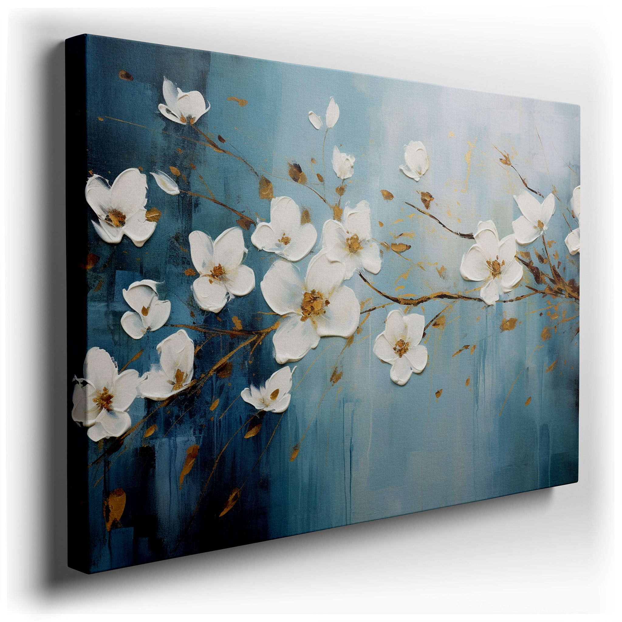 Elegant White Blossoms on a Cool Blue Background with Soft Gold Highlights, Large Canvas Wall Art for Home and Office