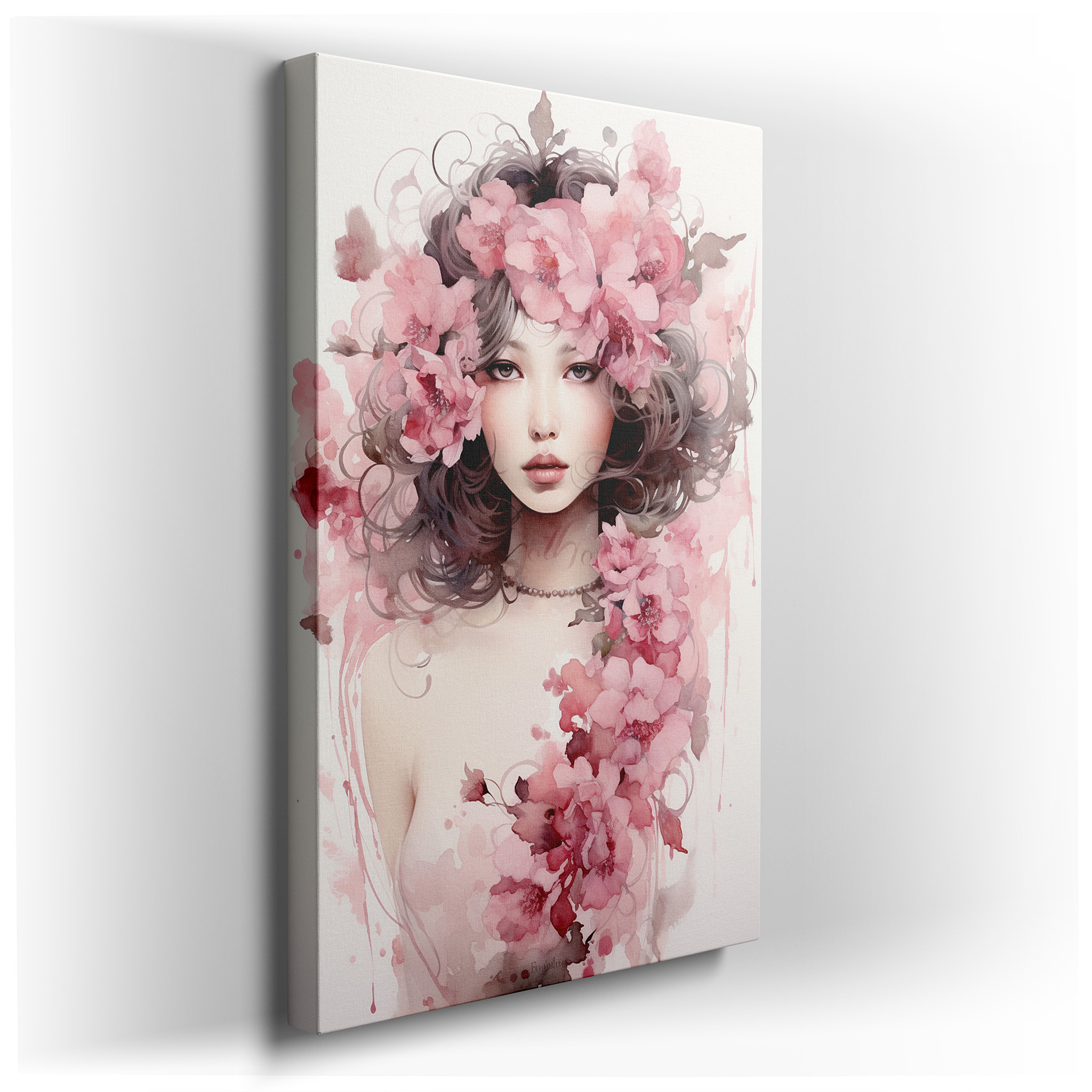 Elegant Woman Adorned with Pink Floral Crown, Silky Hair Cascading Like a Waterfall - Large Canvas Wall Art for Office