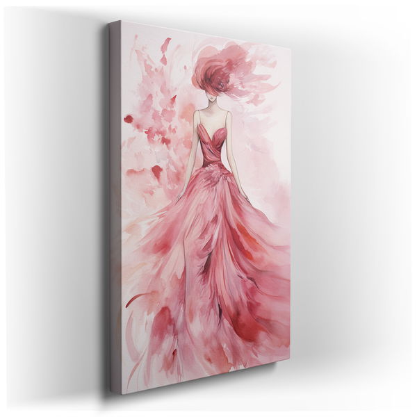 Elegant Woman in Pink Dress - Watercolor Canvas Wall Art