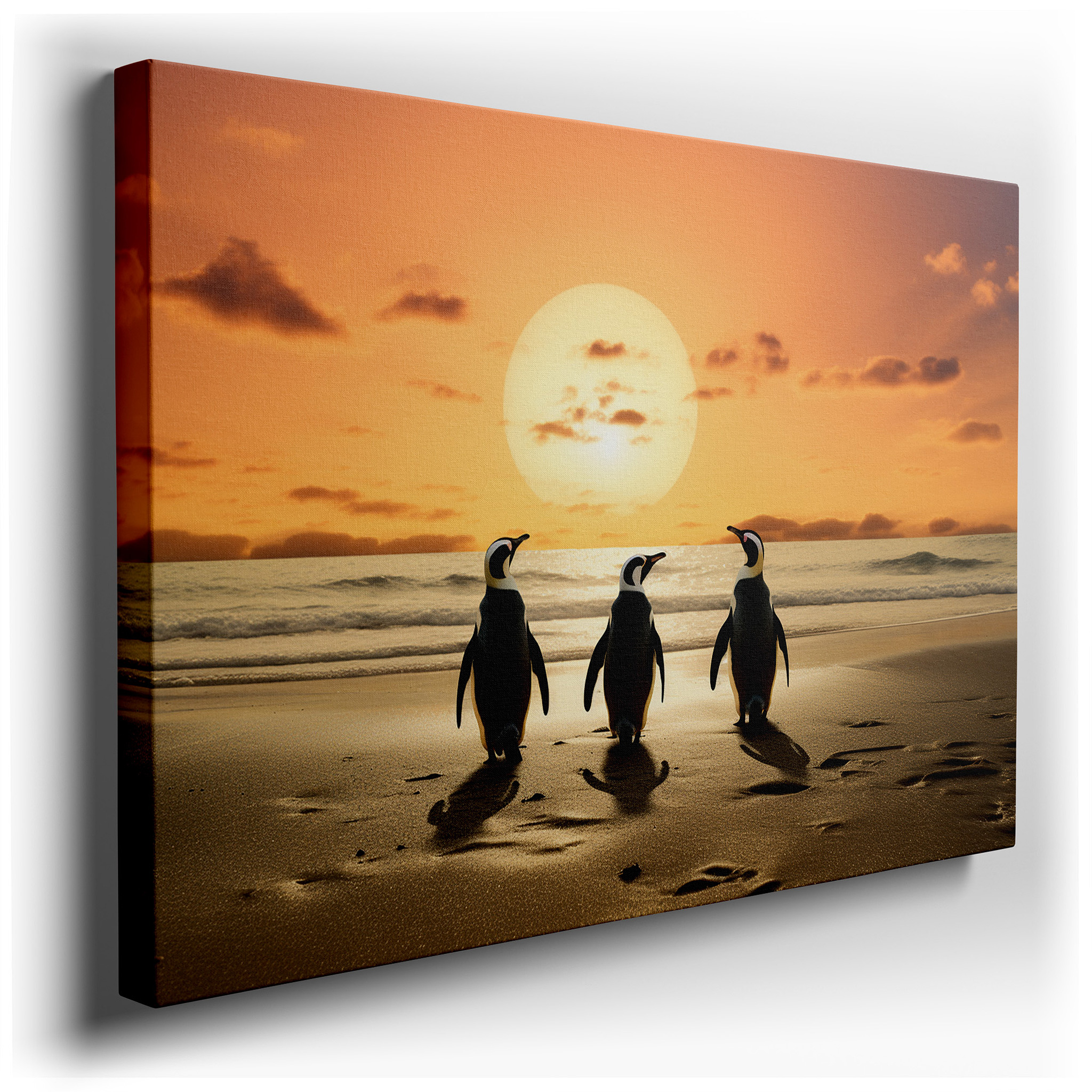 Emperor Penguins on a Sandy Beach at Sunset: Serene Nature Encounter - Large Canvas Wall Art for Office Decor wrapped