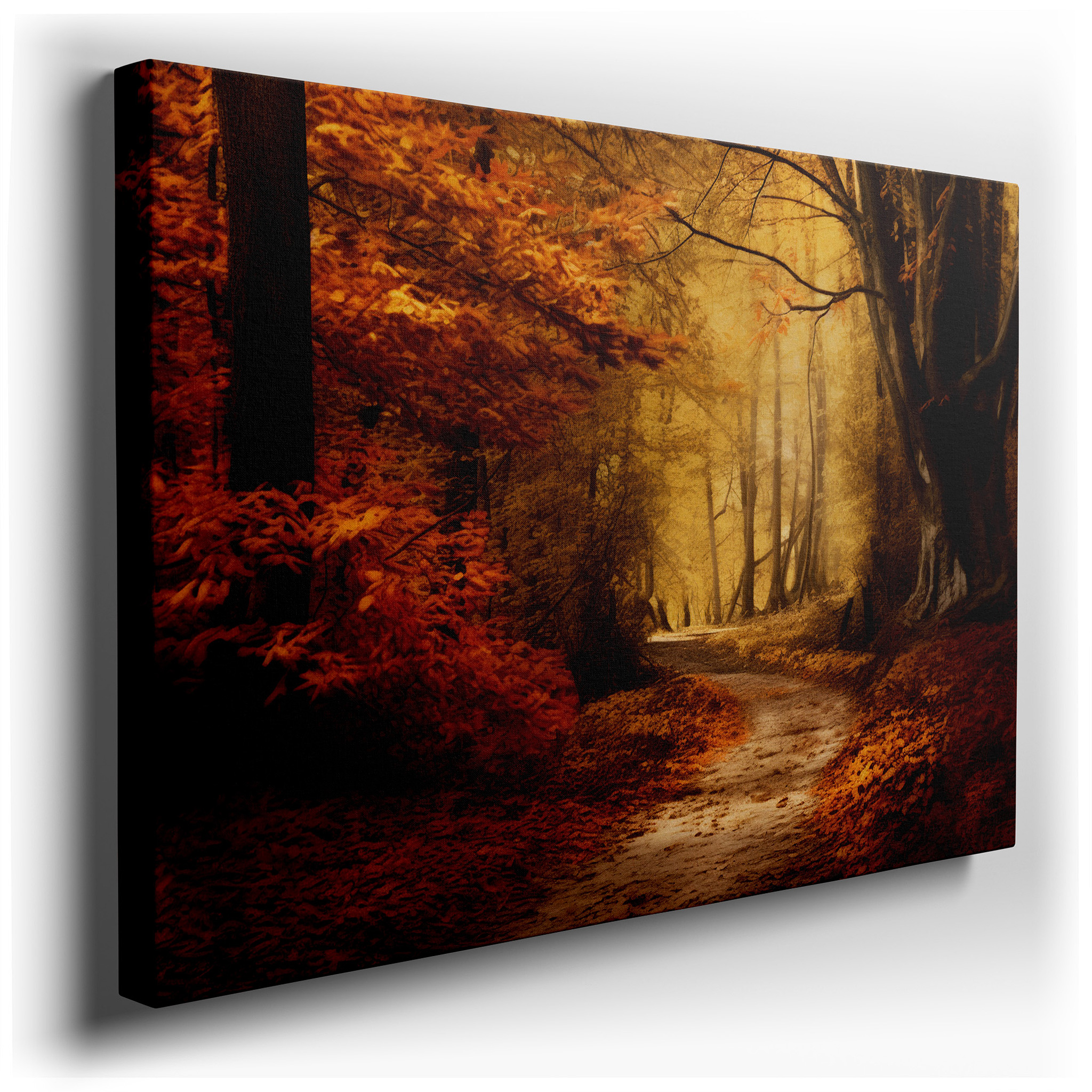Enchanted Autumn Pathway: A Journey Through the Golden Forest - Large Canvas Wall Art for Office and Bedroom Decor