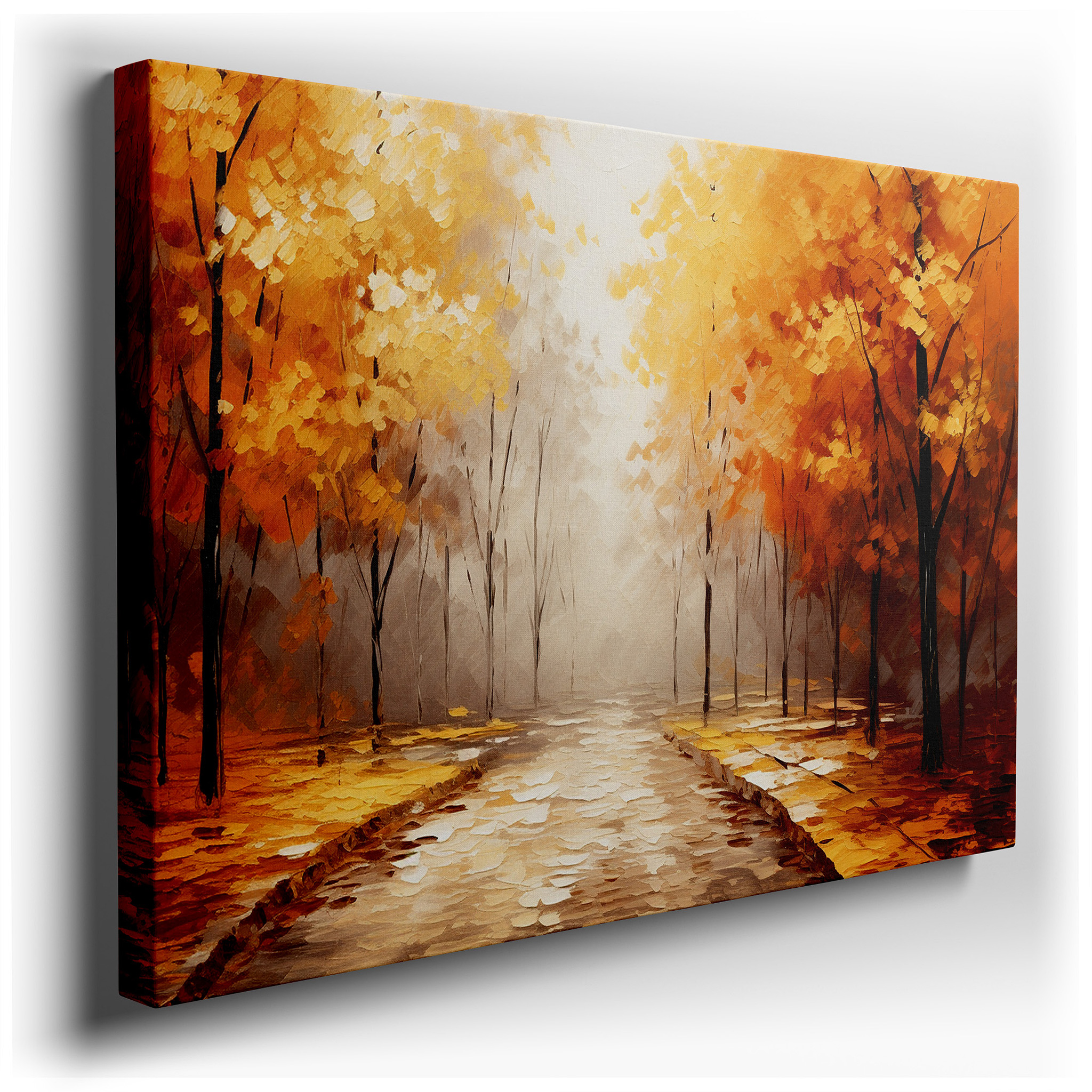 Enchanted Autumn Pathway Canvas Print: Mystical Forest with Golden Leaves - Large Wall Art for Office, Bedroom, and