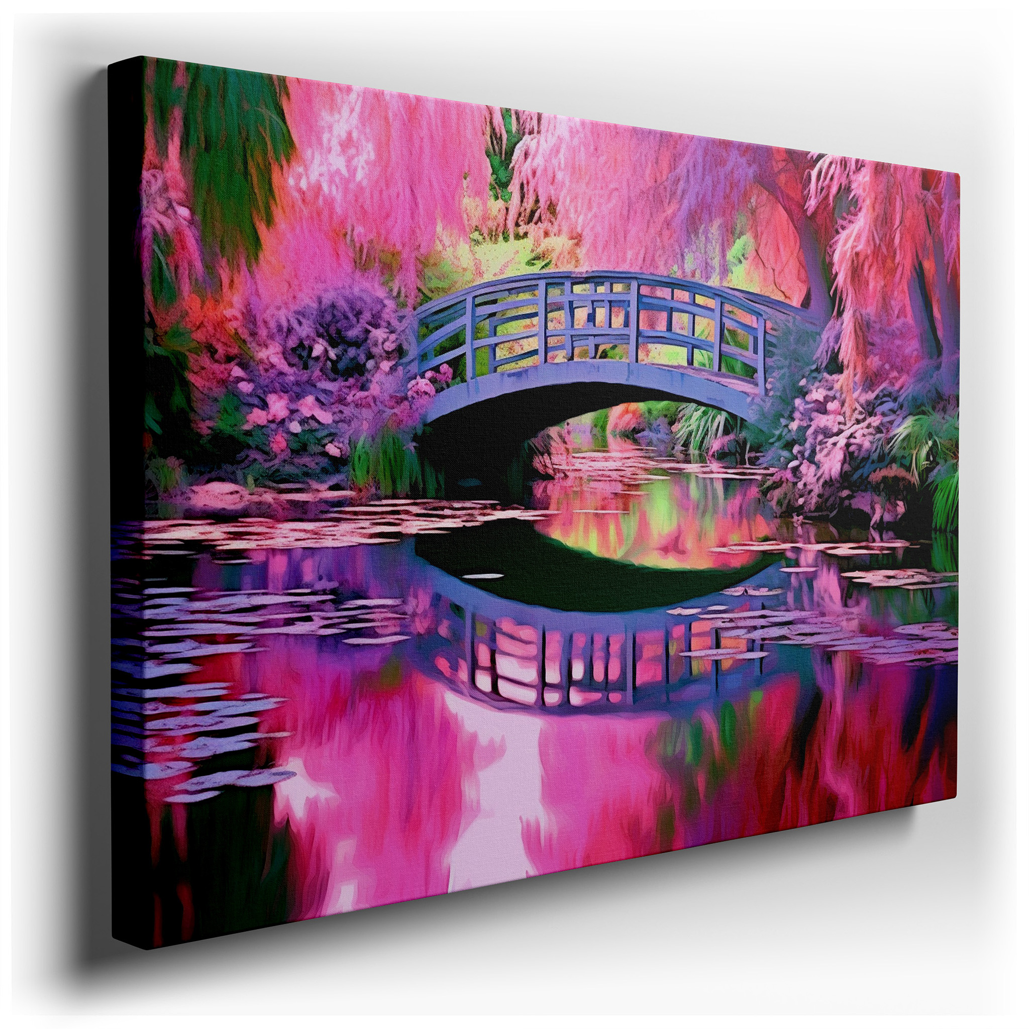 Enchanted Bridge Surrounded by Vibrant Trees: A Tranquil Reflection of Natural Beauty - Large Canvas Wall Art for