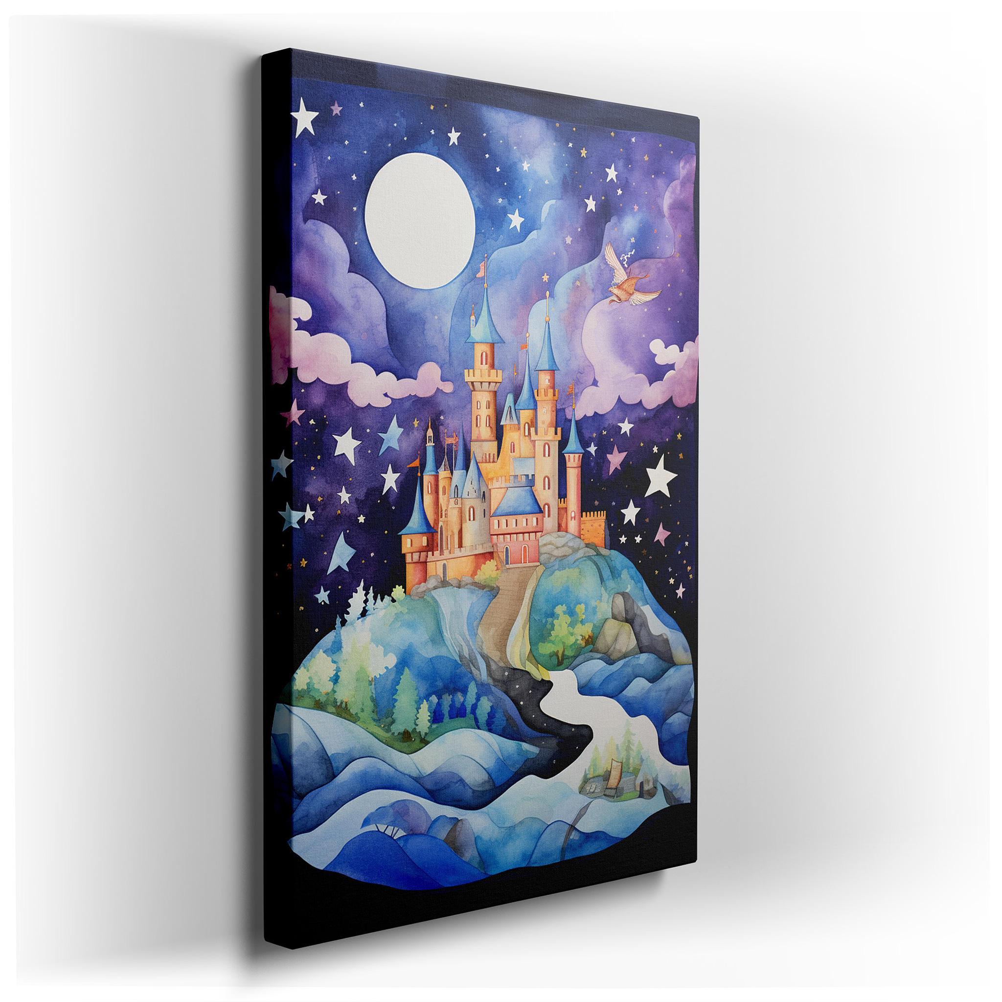 Enchanted Castle in a Starlit Realm Wall Art: Fairy Tale Magic Landscape, Large Canvas Art for Office and Bedroom Decor