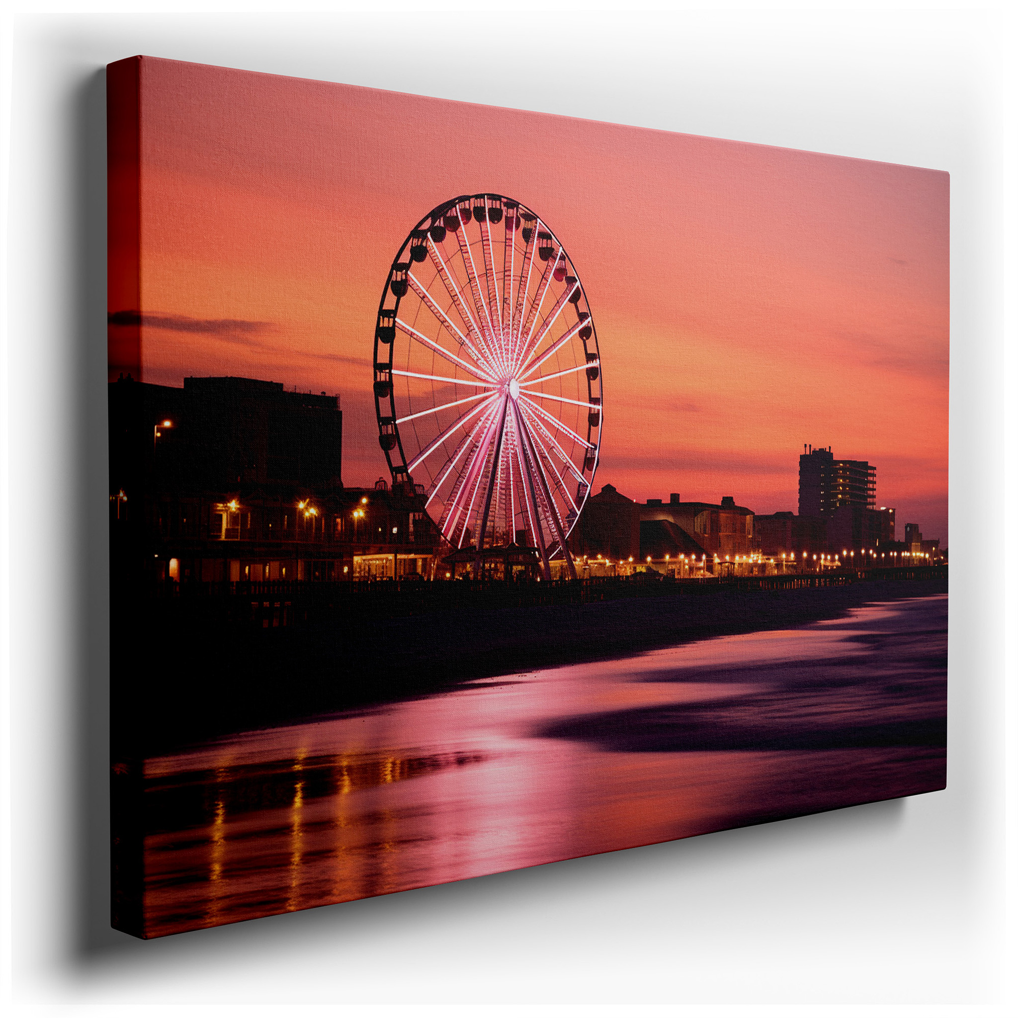 Enchanted Evening at the Beachside Amusement Park Featuring an Illuminated Ferris Wheel and Sunset Reflections, Large