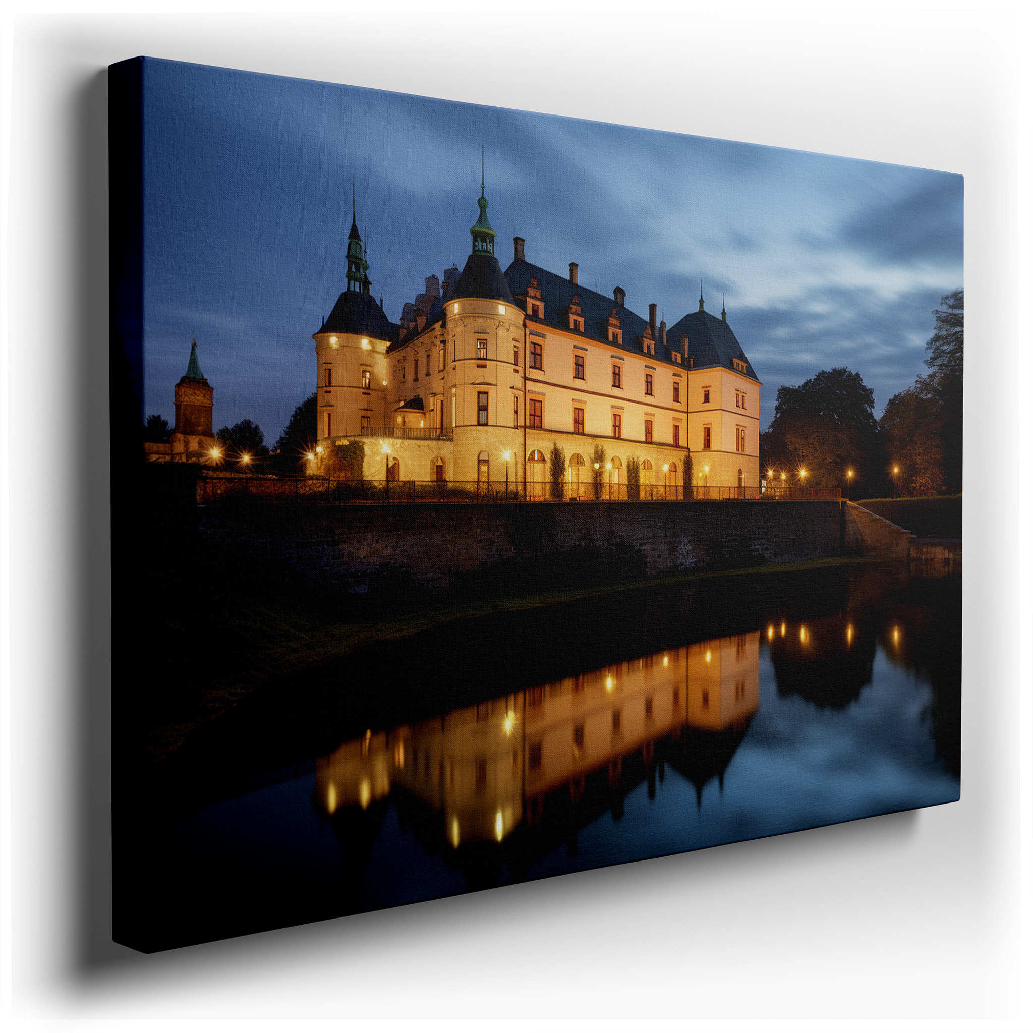 Enchanted Evening Glow - Majestic Castle and Golden Reflections on Serene Waters Large Canvas Wall Art, Office Wall