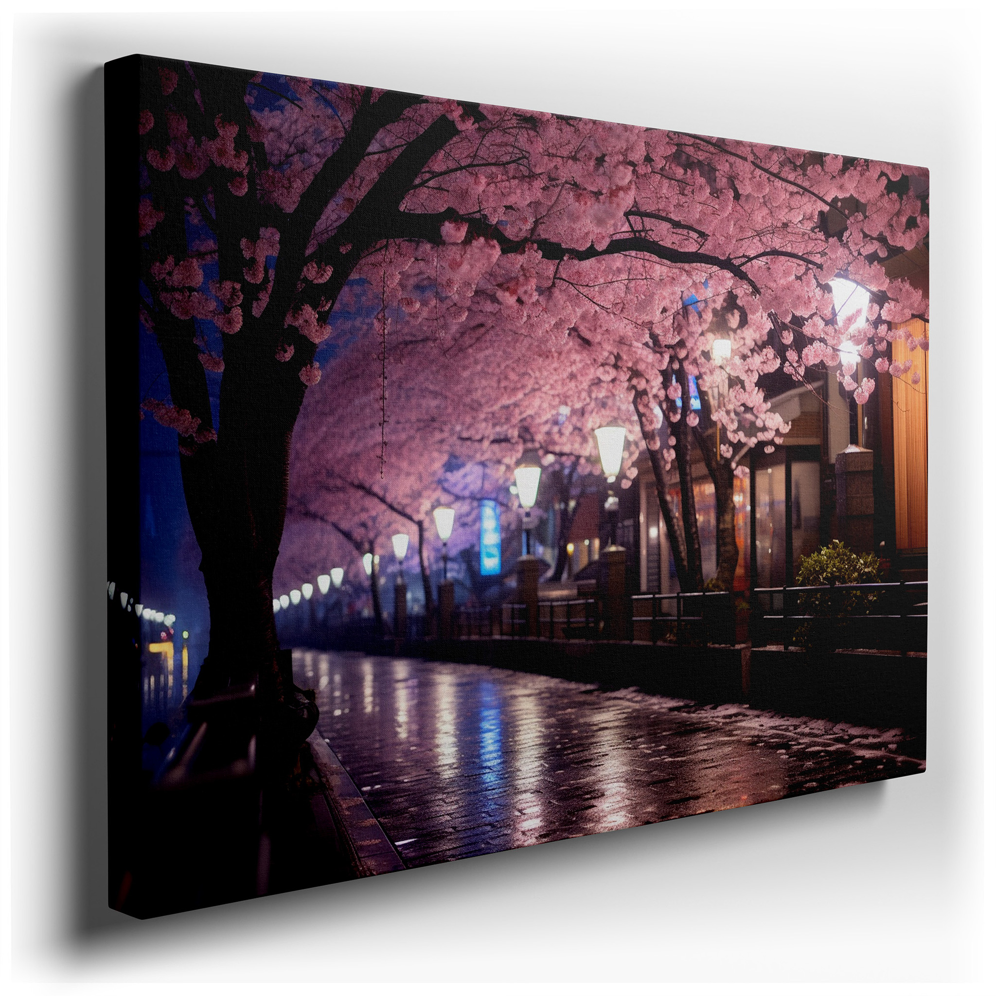 Enchanted Evening Walk Beneath Lit Cherry Blossoms Large Wall Art, Canvas Wall Art, Wall Decor for Office and Bedroom