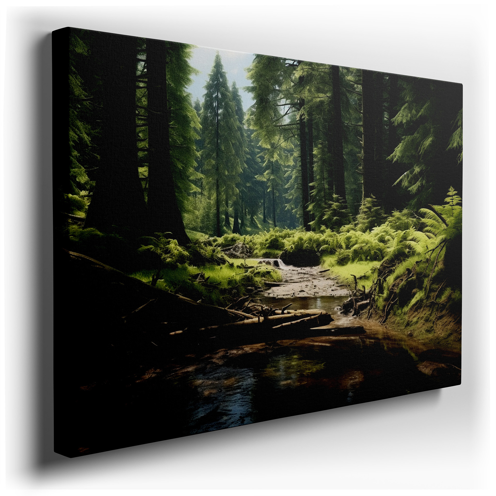 Enchanted Forest Landscape with Sunlit Trees and Peaceful Stream, Large Canvas Wall Art for Home and Office Decor
