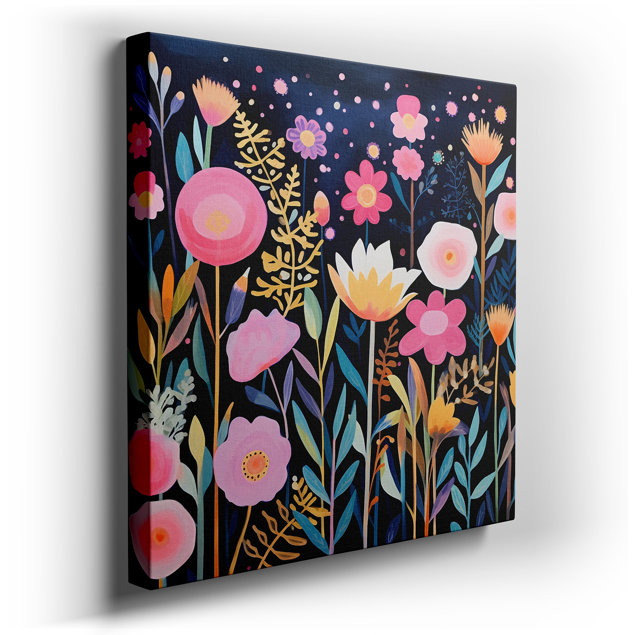 Enchanted Garden Featuring Vivid Pinks, Bright Yellows, and Pure Whites - Large Canvas Wall Art for Home and Office