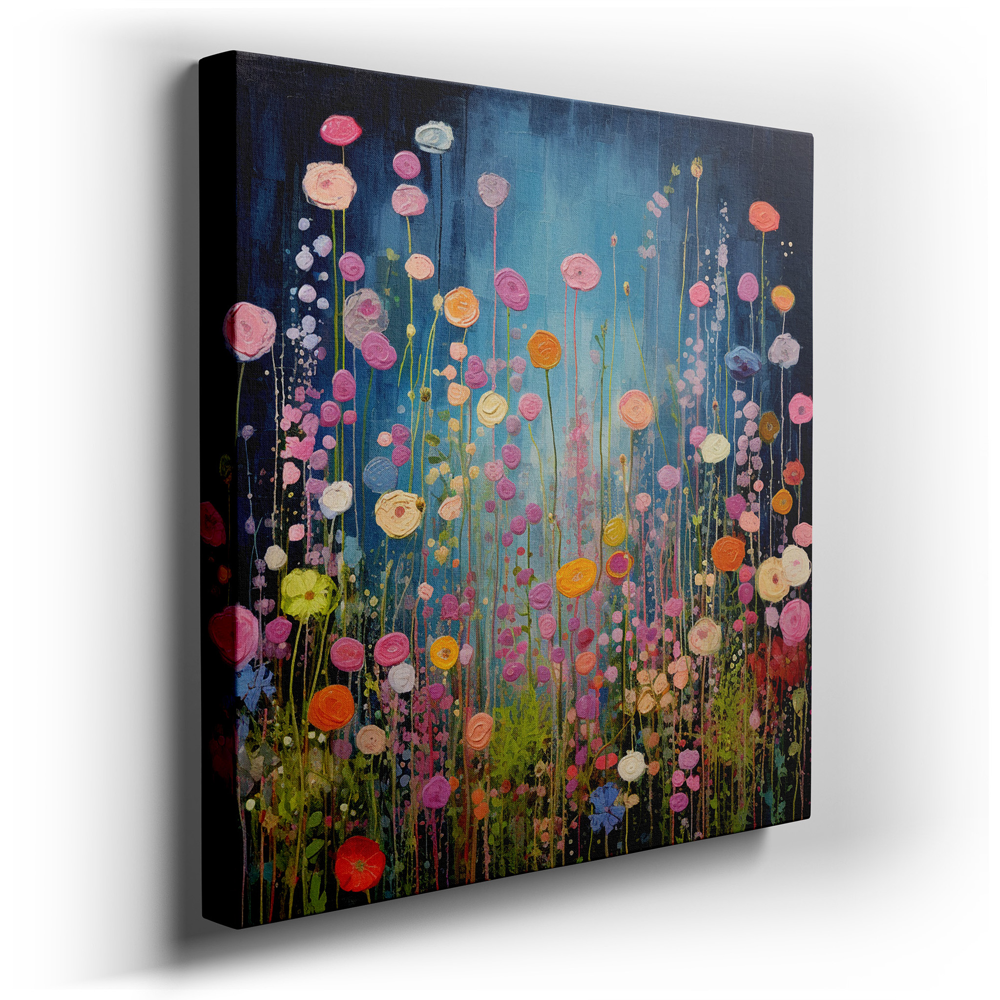 Enchanted Garden Oasis Canvas Wall Art Featuring Vivid Blooms and a Deep Blue Sky for Office, Bedroom, and Home Decor