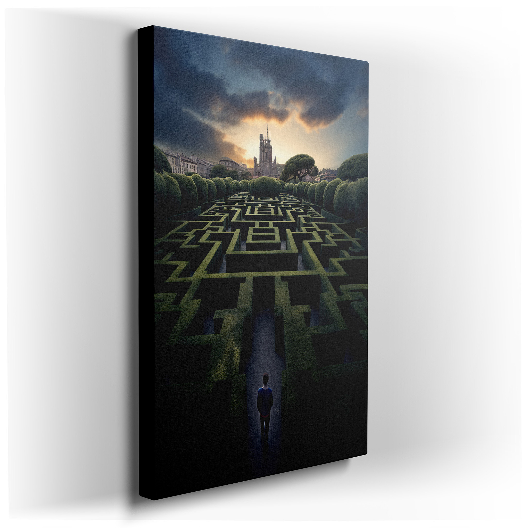 Enchanted Hedge Maze and Majestic Castle Spire at Sunset Wall Art - Large Canvas for Office, Bedroom, and Living Room