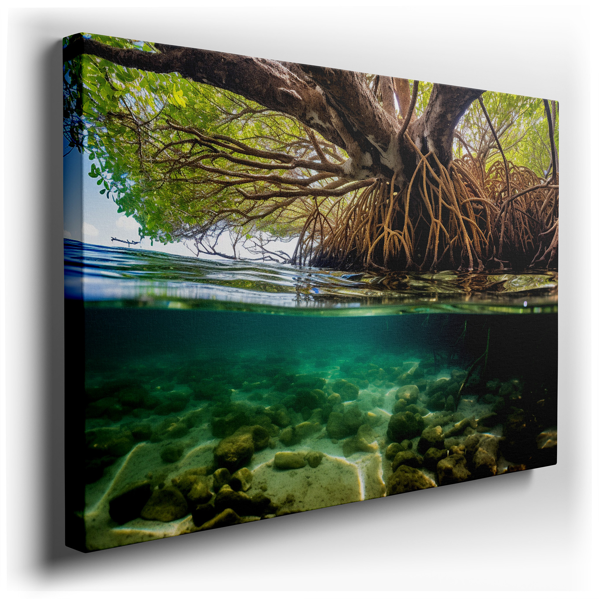 Enchanted Mangrove Realm - A Vibrant Blend of Land and Sea in Emerald and Earth Tones, Large Wall Art, Canvas Wall Art,
