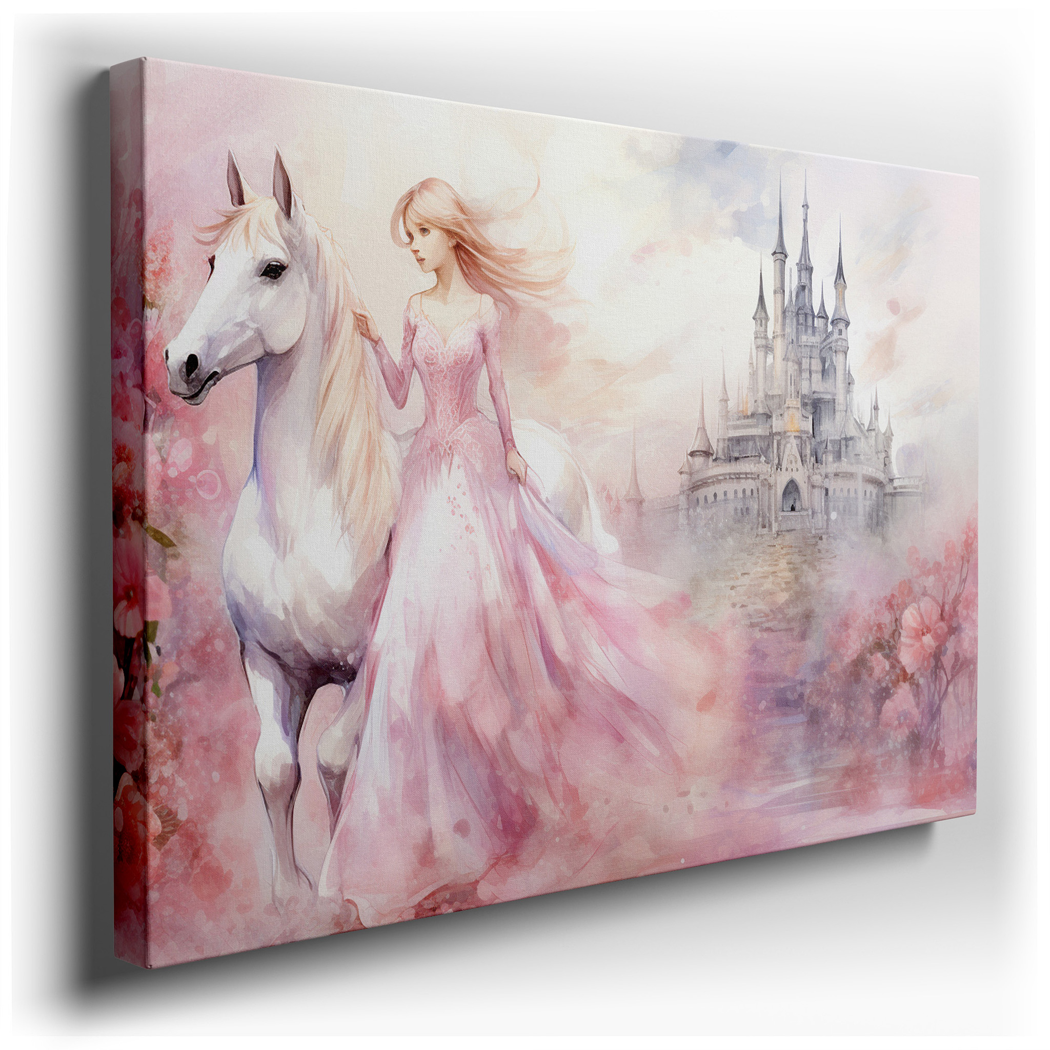 Enchanted Princess and White Horse at a Fairy Tale Castle with Blossoms, Large Canvas Wall Art for Office and Bedroom