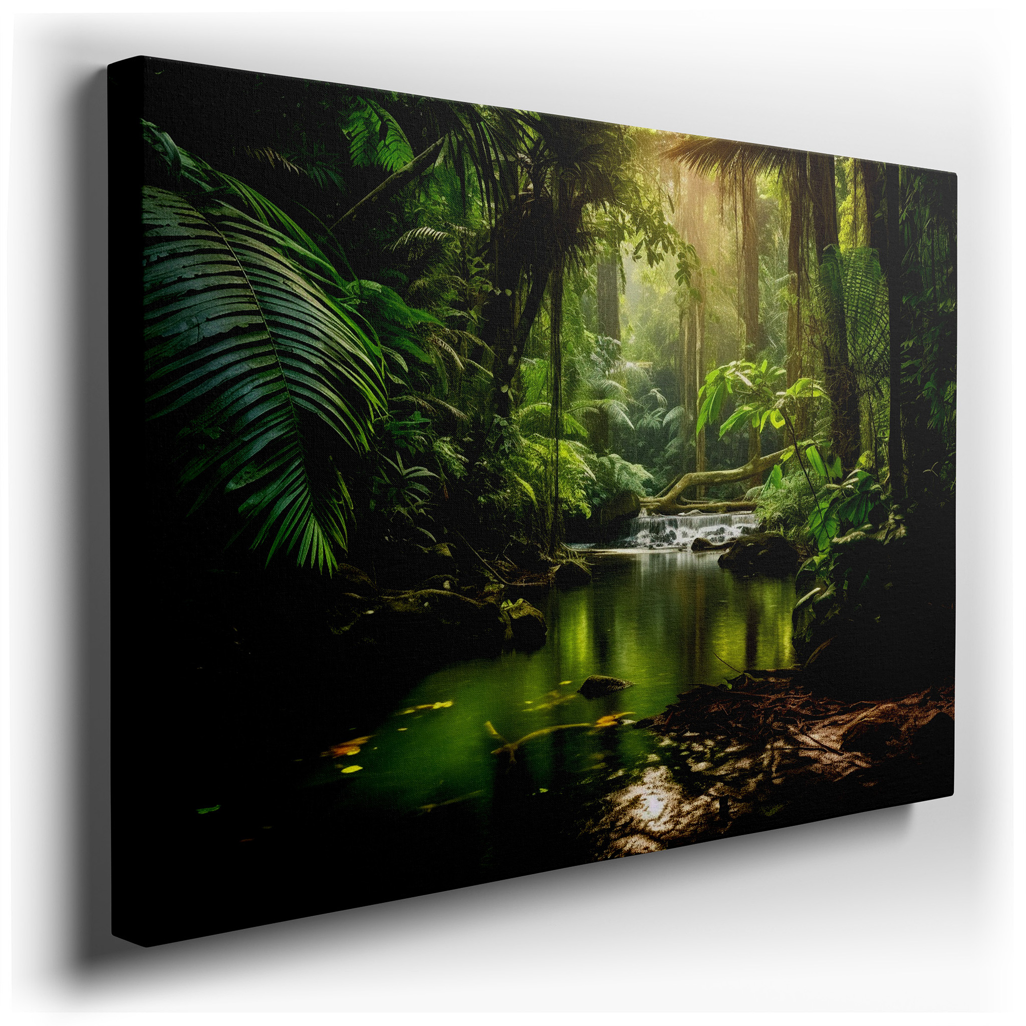 Enchanted Rainforest Retreat Wall Art Featuring a Cascading Waterfall and Lush Green Canopy, Ideal for Office and