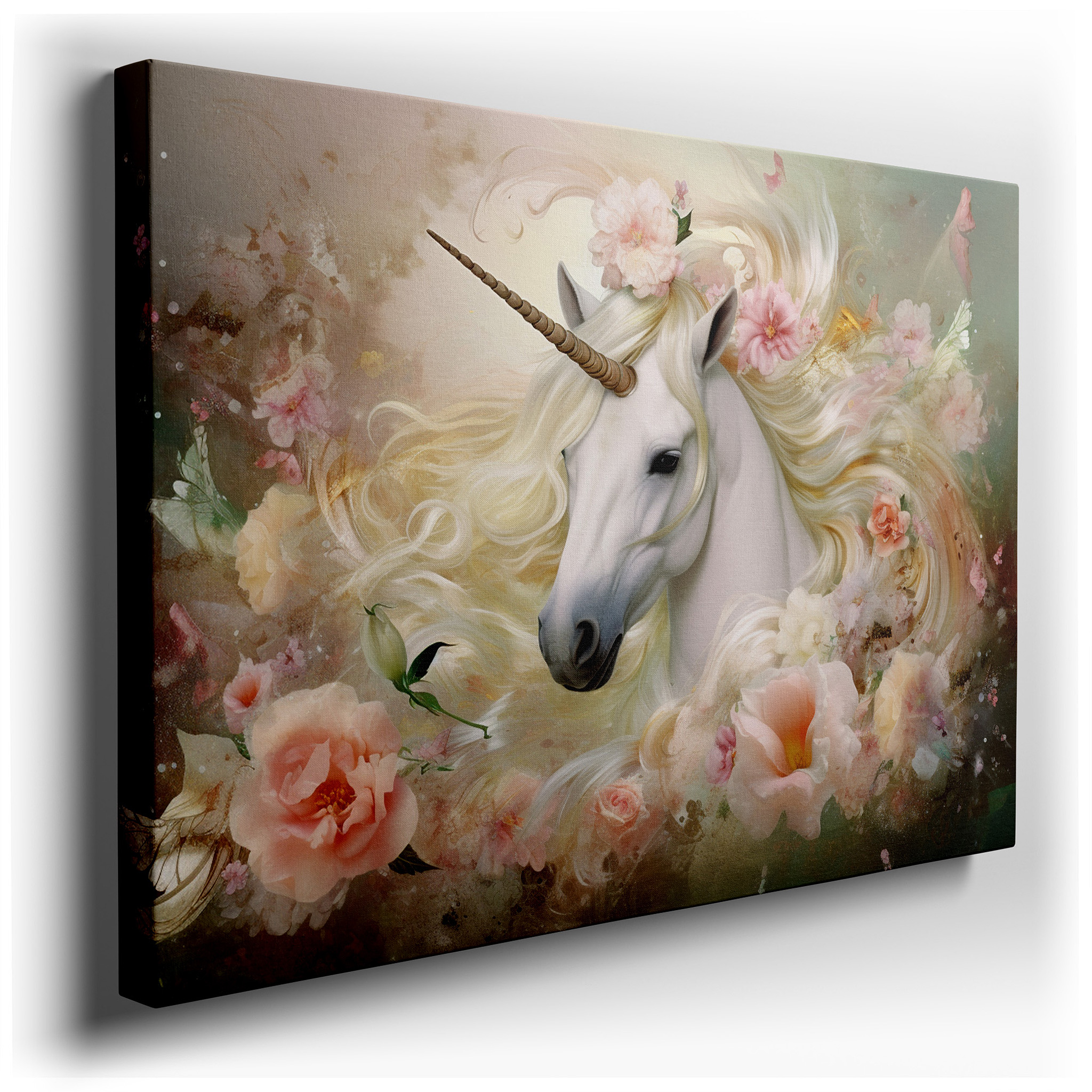 Enchanted Unicorn in a Blossoming Garden: A Whimsical Fantasy Vision - Large Wall Art, Canvas Decor for Office and