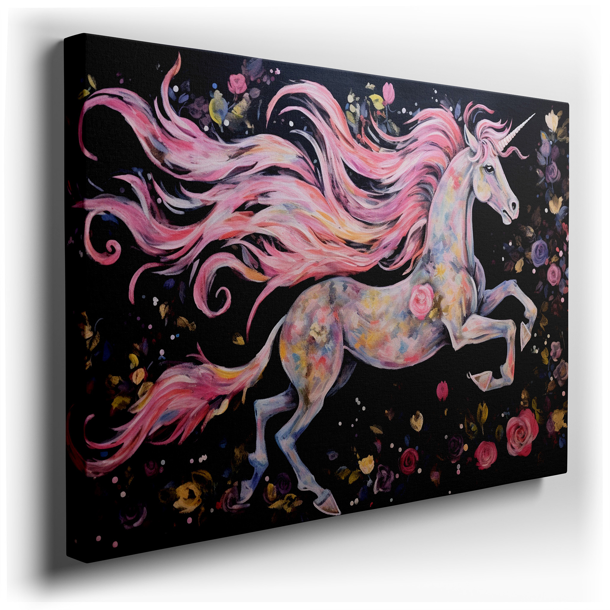 Enchanted Unicorn in a Flower - Filled Fantasy World: Elegant and Magical Large Wall Art for Office and Bedroom Decor
