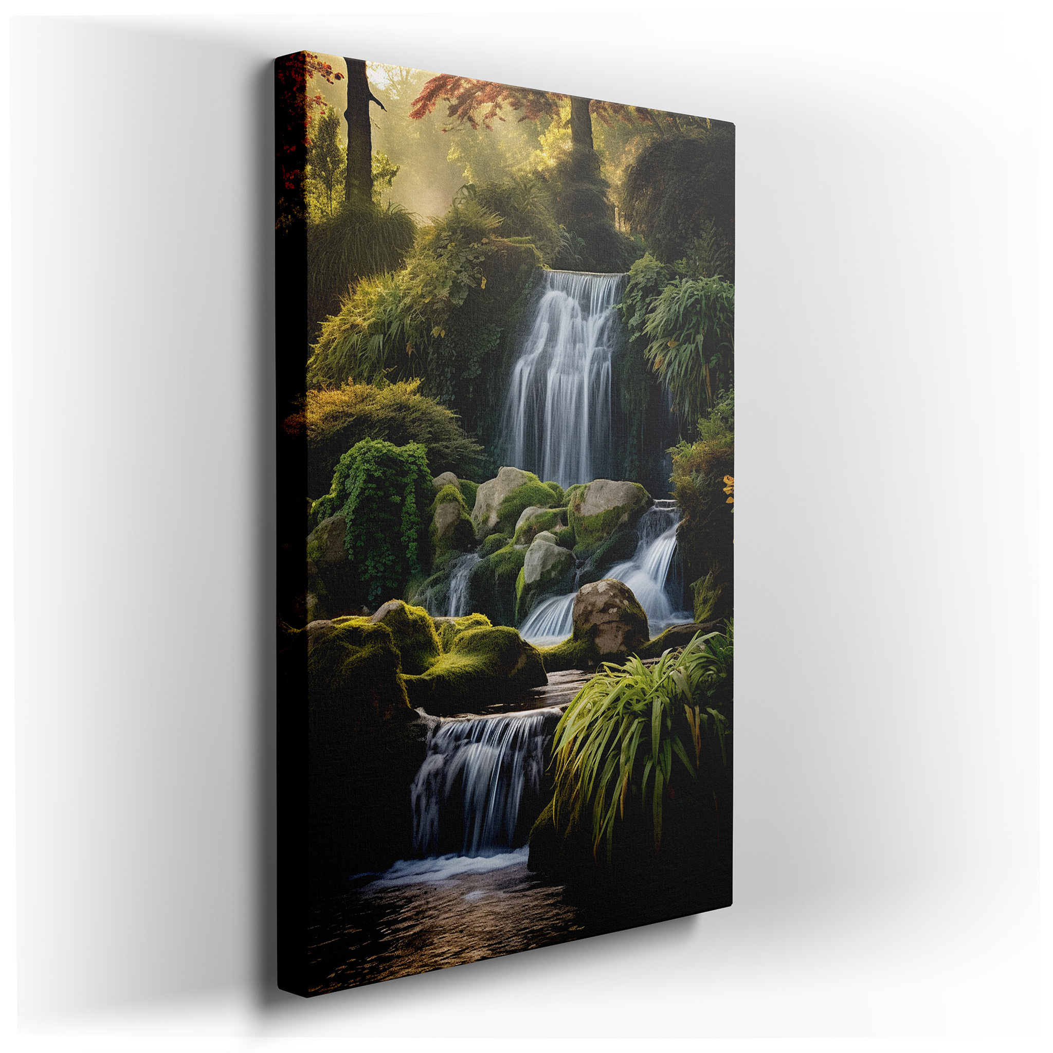 Enchanted Waterfall Oasis Wall Art: Large Canvas Featuring Moss - Covered Rocks and Tranquil Pool, Ideal for Office and