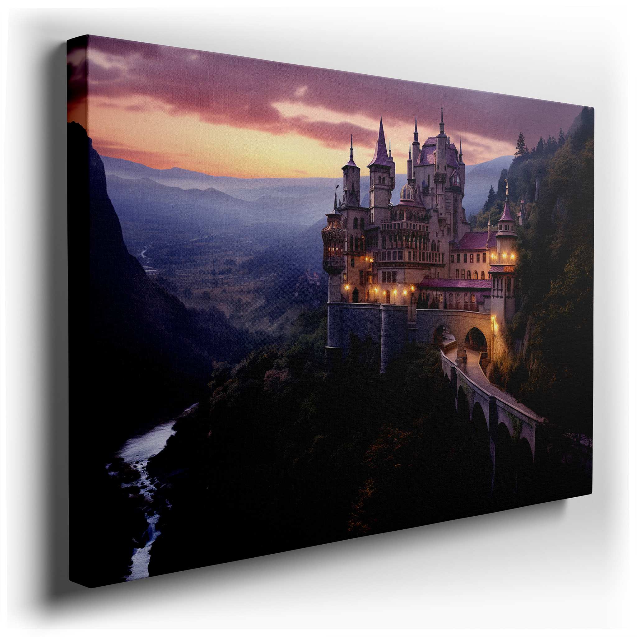 Enchanting Castle on a Cliff with Sunset Valley View - Large Wall Art, Canvas Print, Office Decor wrapped canvas - main