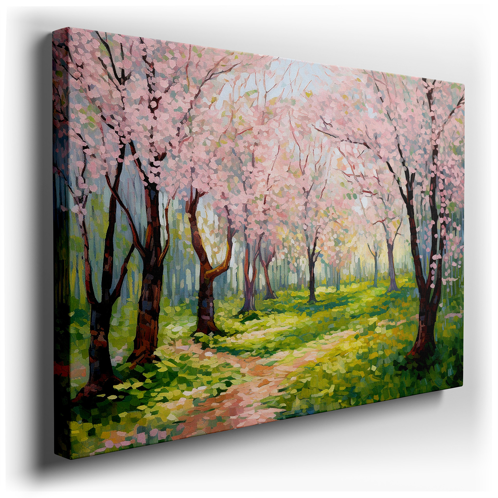 Enchanting Cherry Blossoms Along a Peaceful Park Path Illuminated by Gentle Sunlight - Large Canvas Wall Art for Office
