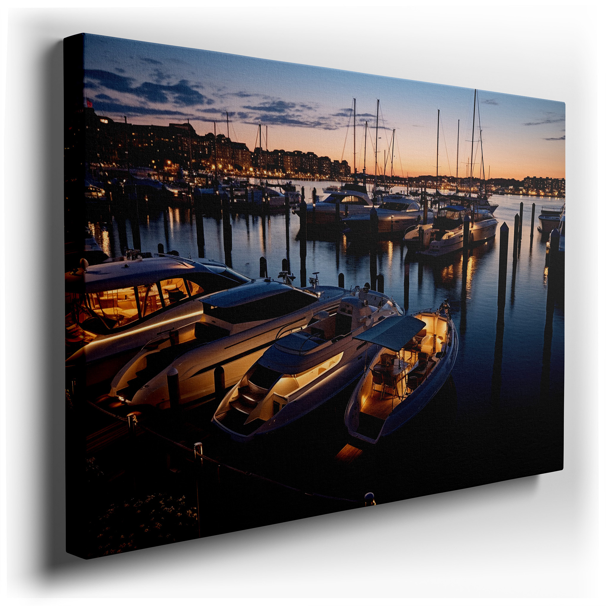 Enchanting Dusk at the Vibrant Marina: Tranquil Evening with Glimmering Boats and Soft Lights - Large Canvas Wall Art
