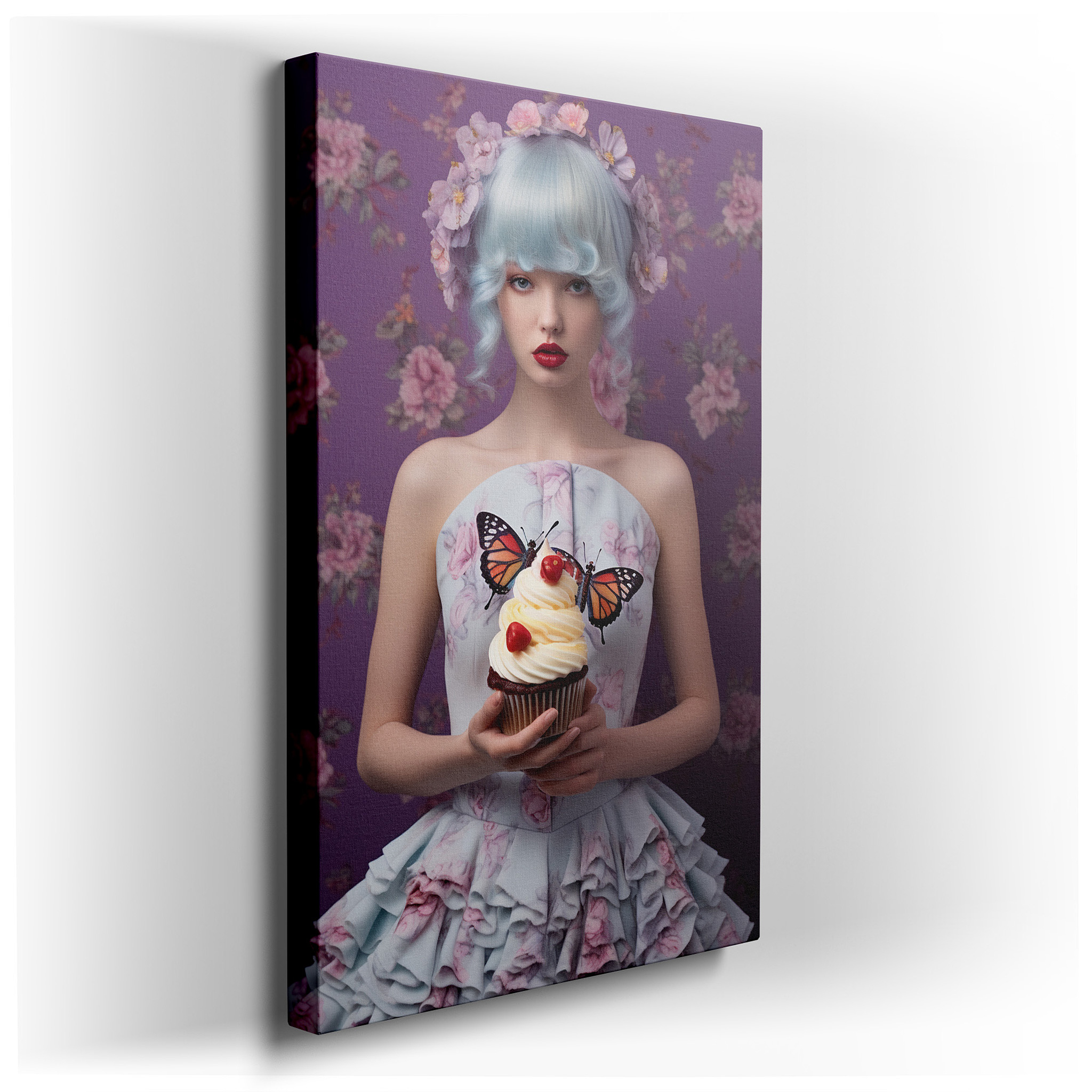 Enchanting Elegance in Pastel Blue with Floral Whispers, Featuring Butterflies and a Sweet Cupcake, Large Canvas Wall