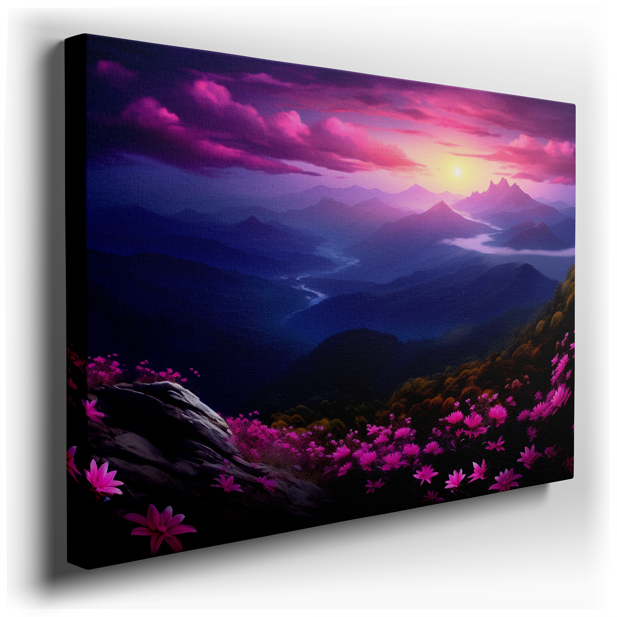 Enchanting Floral Landscape with Stunning Sunset - Large Canvas Wall Art for Home and Office Decor wrapped canvas -