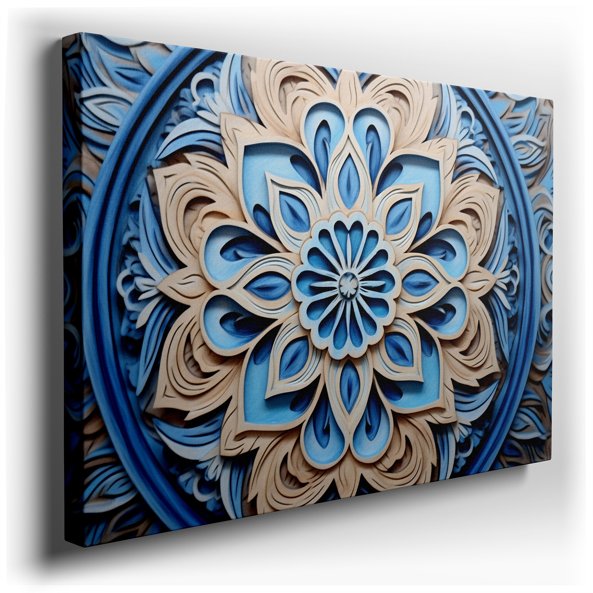 Enchanting Floral Wood Carving Wall Art in Soft Blues and Gentle Beige Tones - Large Canvas Wall Art for Office and